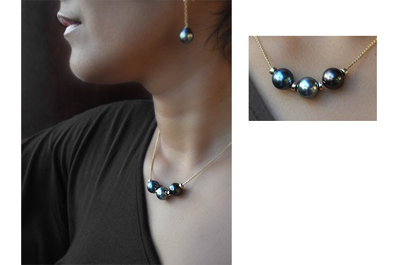 "Tea" Necklace with 3 black pearls