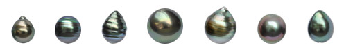 Examples of Tahitian pearls: baroques, circled pearl, drop, round, semi-round