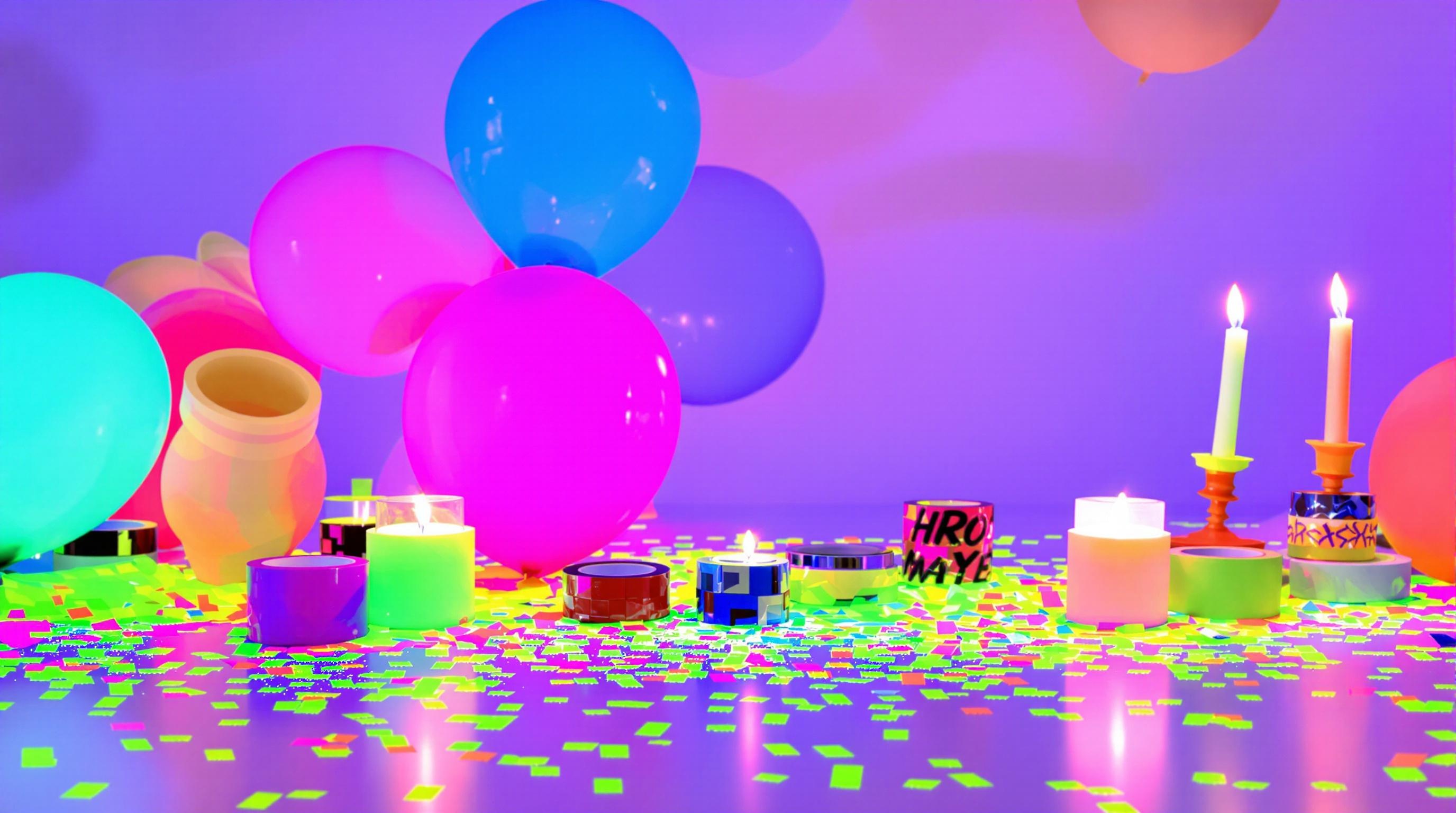 Accessoires déco fluo : ballons fluorescents, confettis, masking-tape, bougies néon.