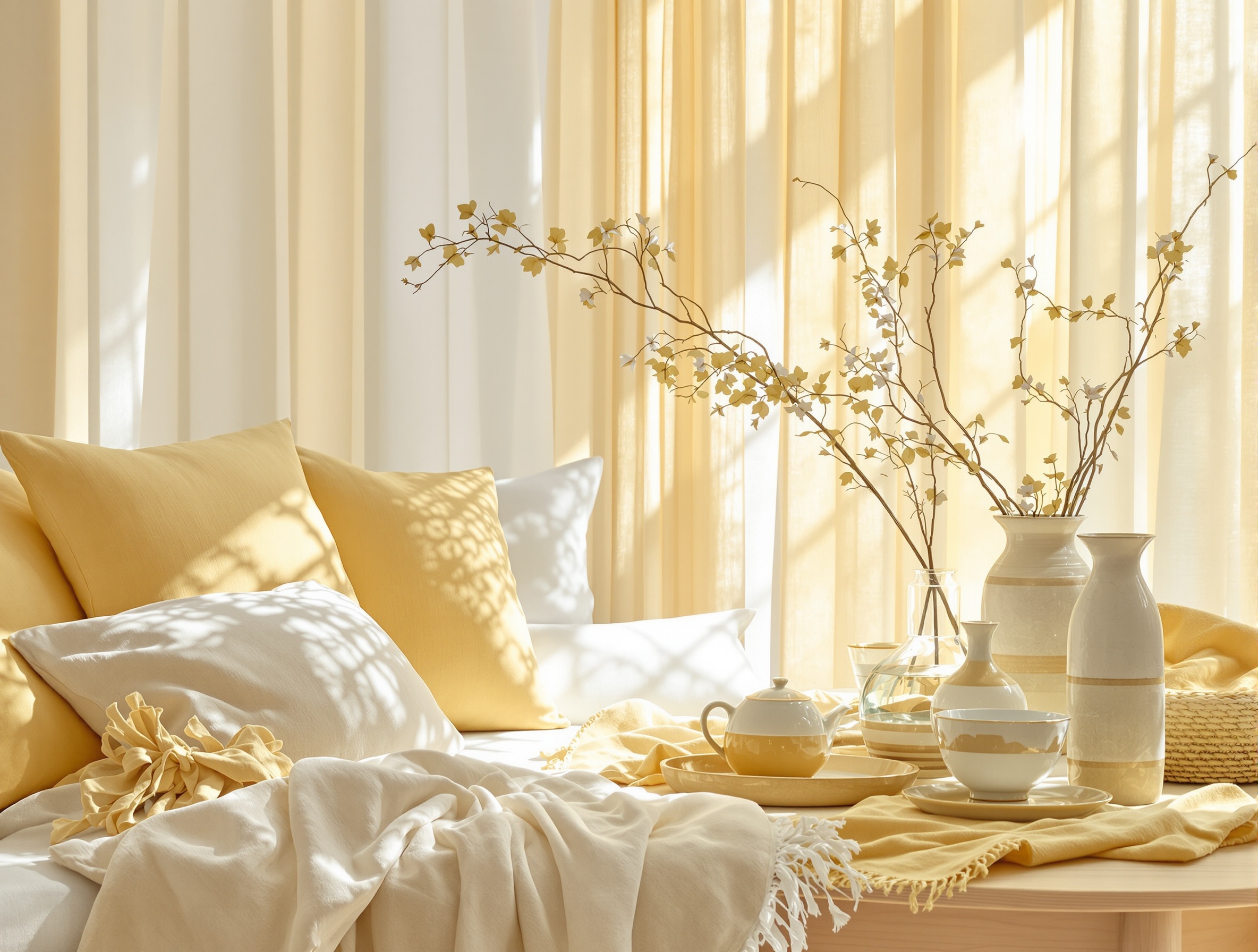 Accessoires déco jaunes paille : coussins, plaids et vases artisanaux.