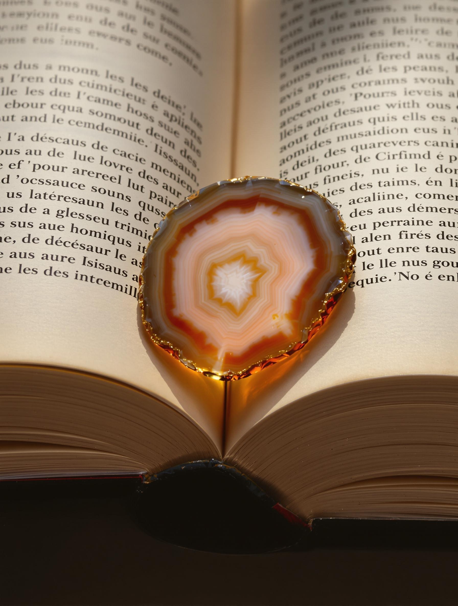 Agate polie posée sur un livre ancien ouvert, montrant des motifs concentriques