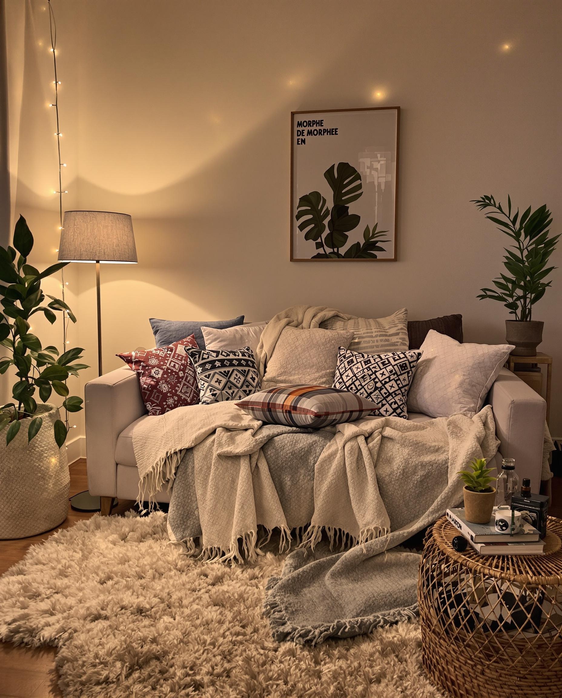 Ambiance cocooning appartement avec éclairage tamisé, textiles ethniques et plantes graphiques.