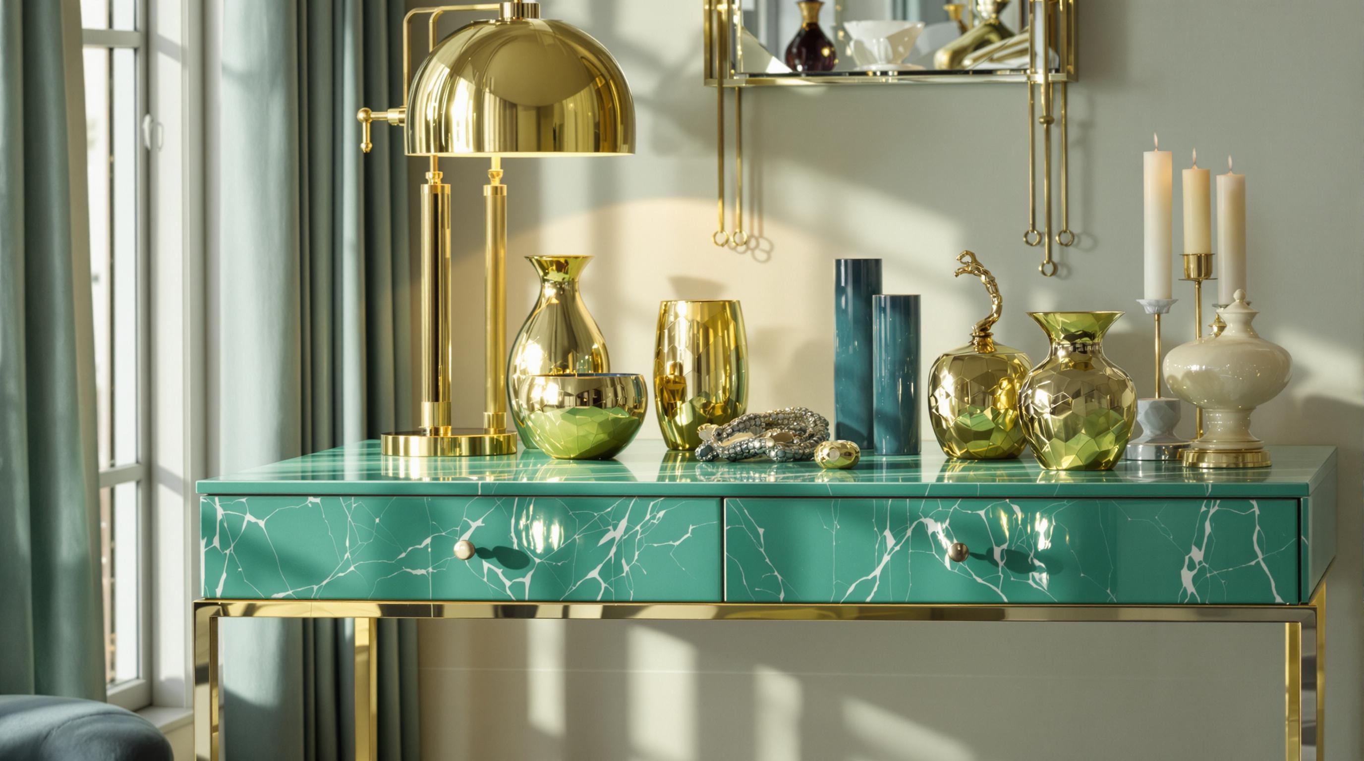 Table laquée vert d’eau et lampe laiton doré Maisons Du Monde