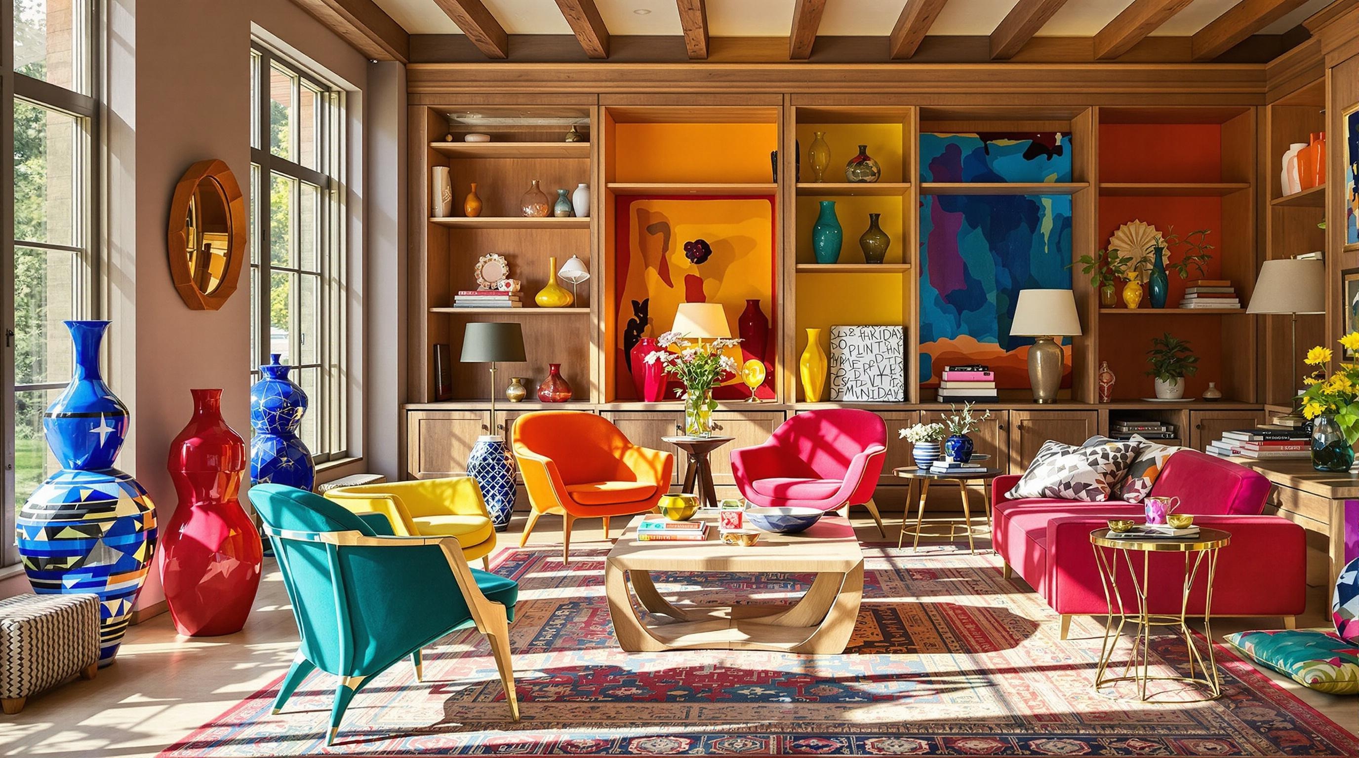 Intérieur contemporain avec chaises design colorées et lumière naturelle