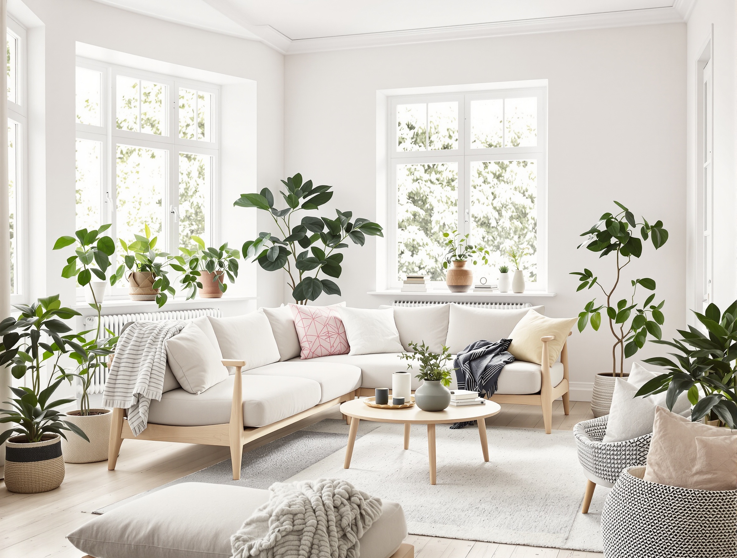 Ambiance intérieure suédoise paisible à la lumière naturelle et au mobilier en bois clair.