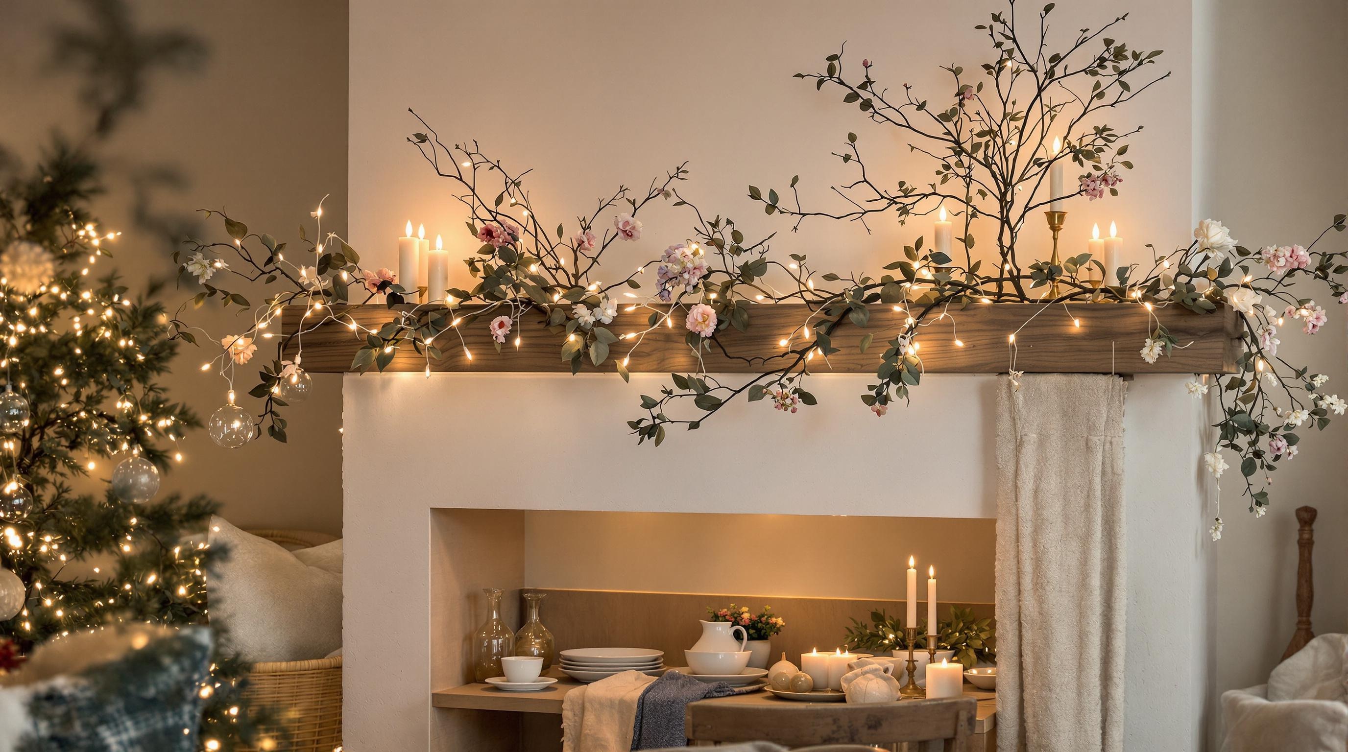 Ambiance festive Noël 2023 bois brut lin laine verre soufflé porcelaine fleurs stabilisées guirlandes lumineuses