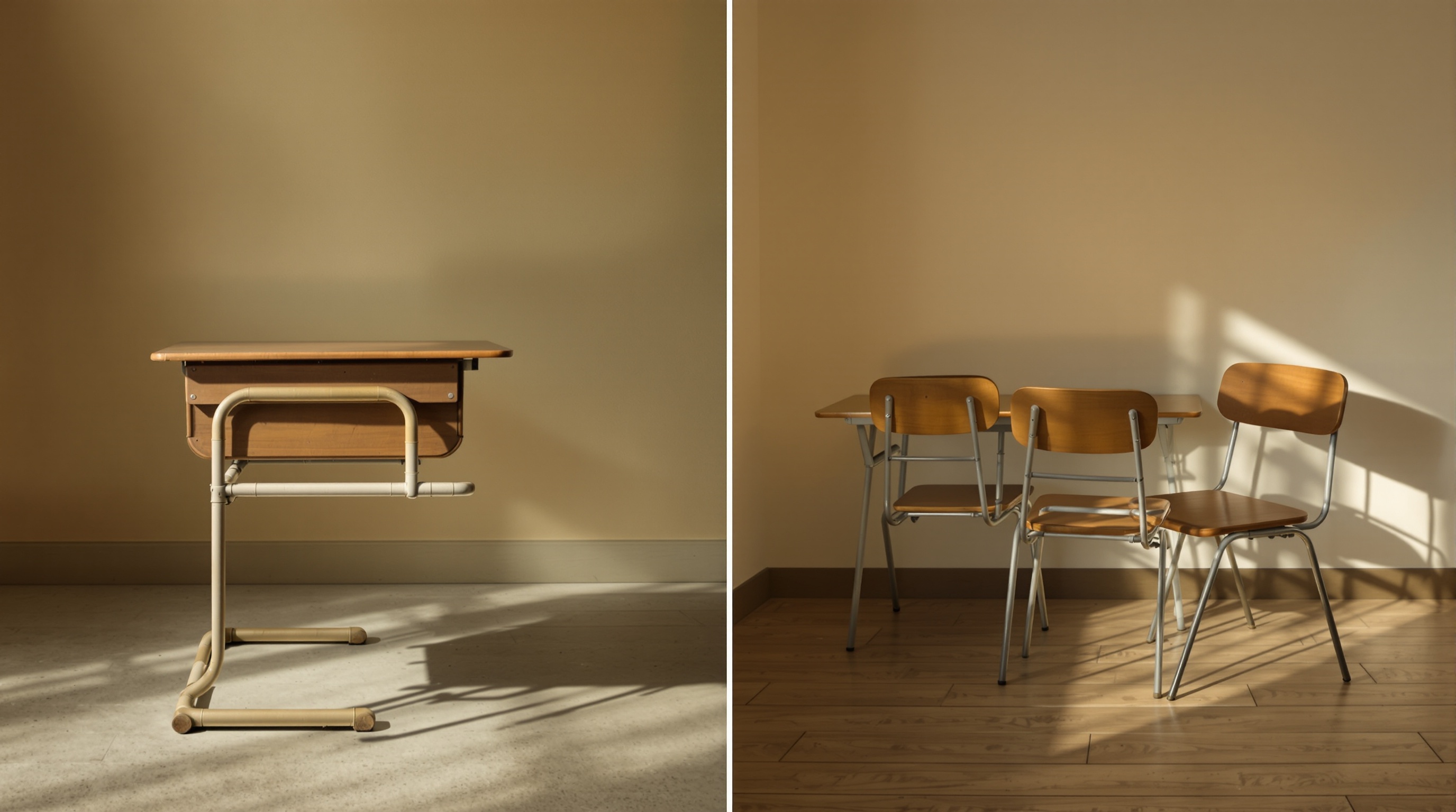 Pupitre monoplace et bureau double, ambiance vintage feutrée