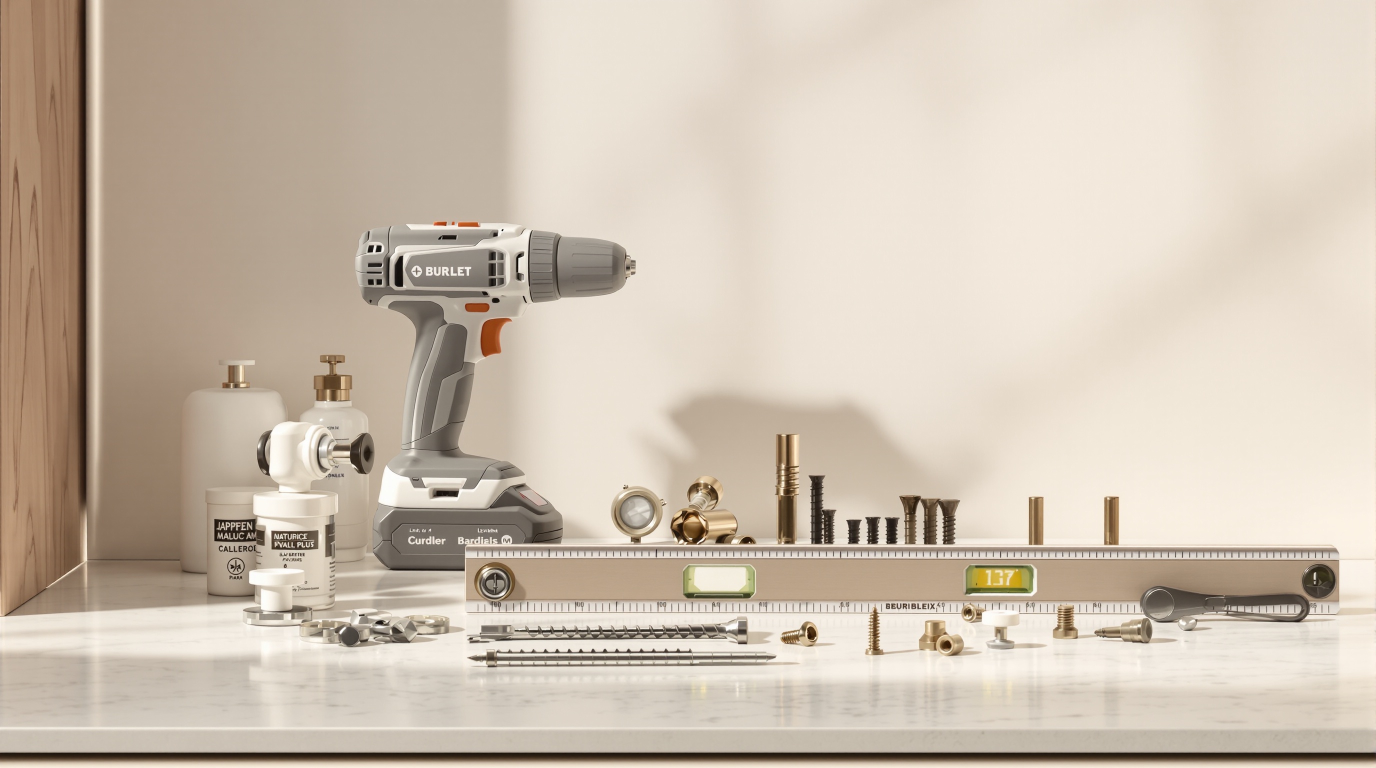 Outils nécessaires pour installer une étagère invisible : perceuse, niveau à bulle, visserie de qualité et chevilles, exposés dans un intérieur design.