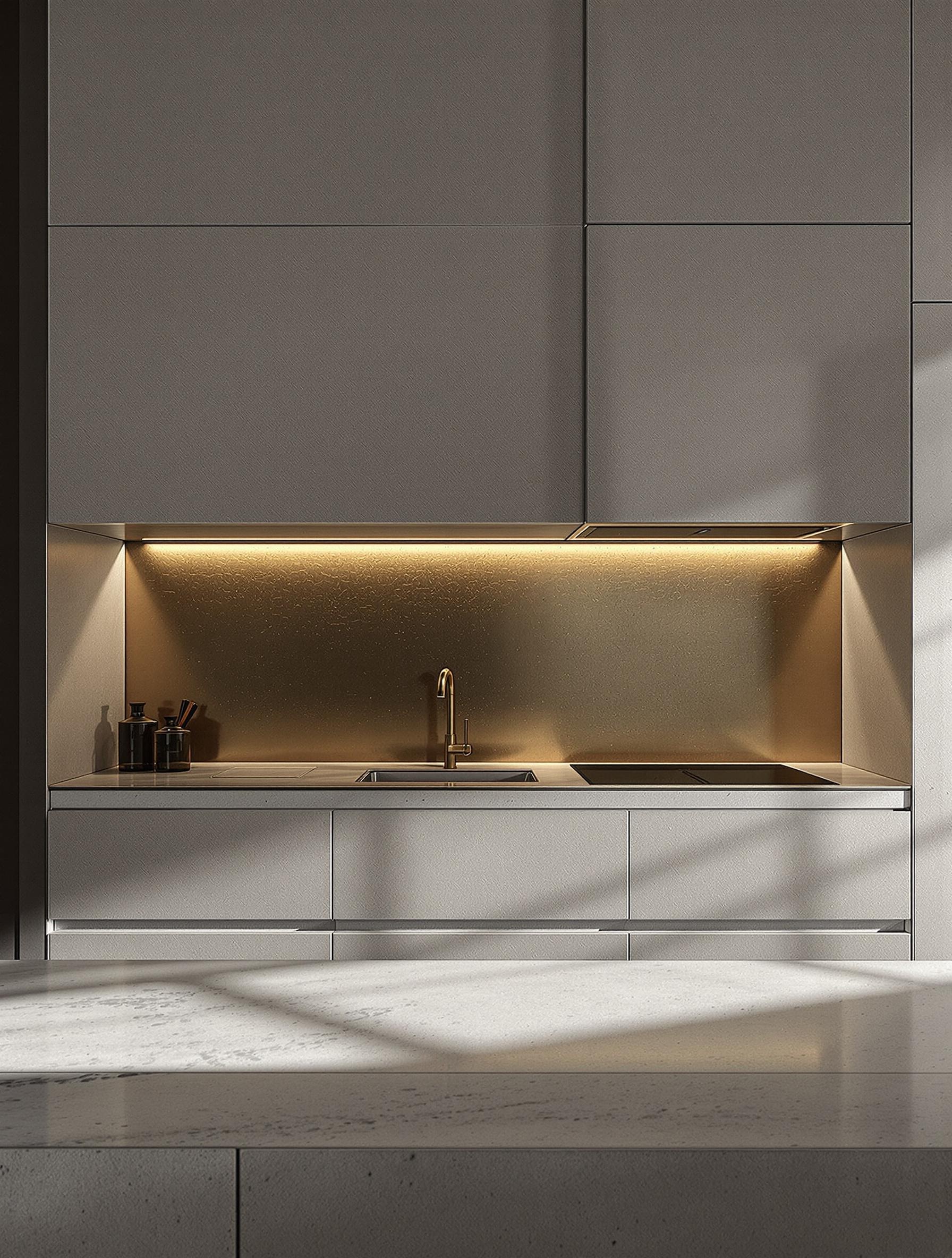Cuisine de style brutaliste avec béton brut et crédence en laiton vieilli, éclairée par une lumière rasante.