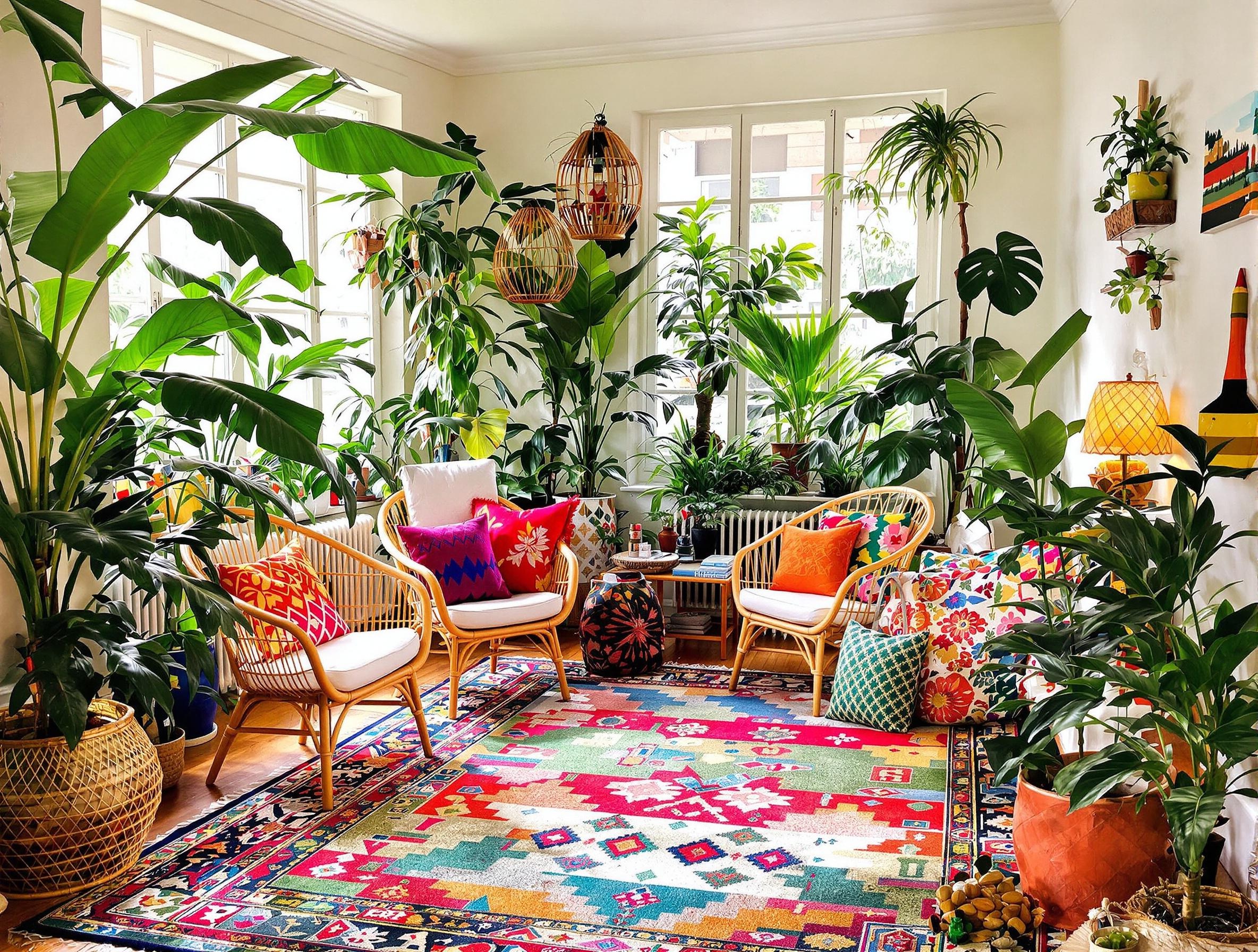Appartement ethnique tropical tapis kilim objets voyage plantes exotiques.