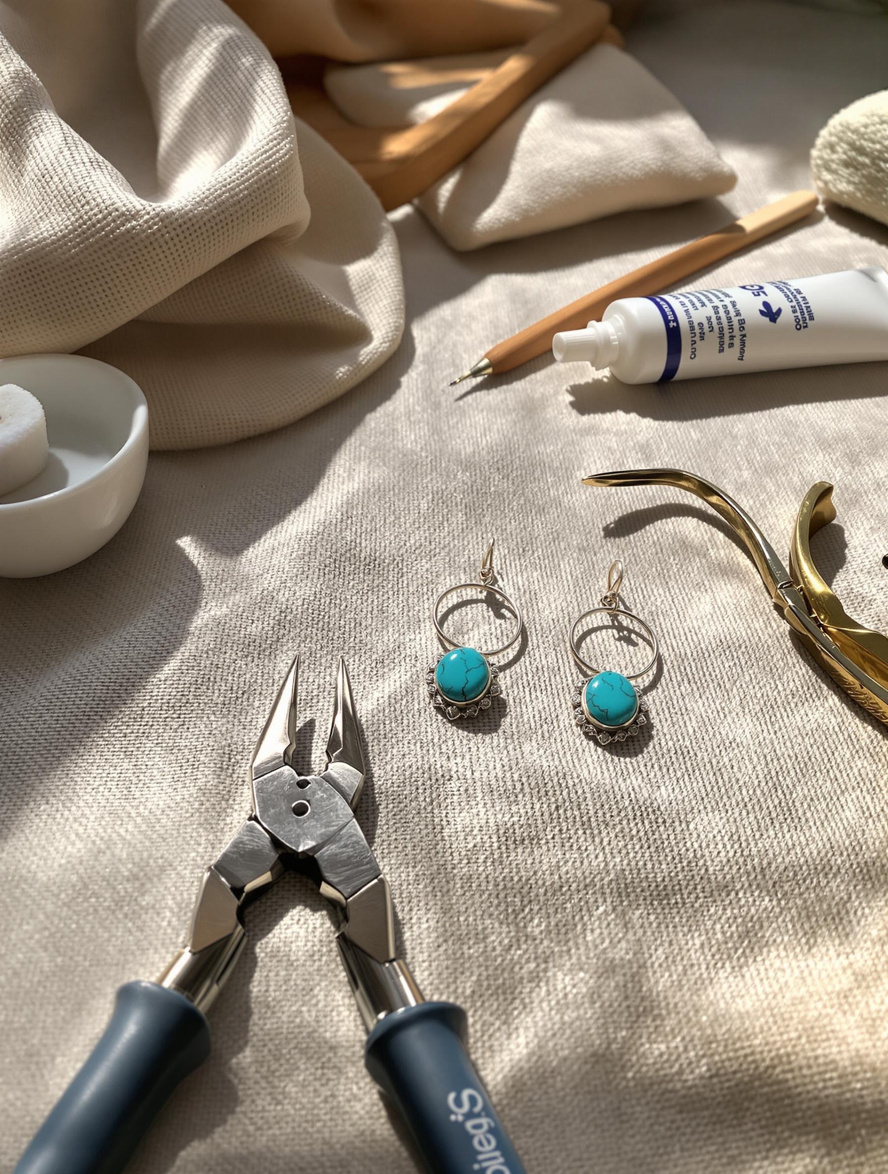Atelier d’entretien pour boucles bohèmes en argent massif et pierre turquoise, avec outils et pochons en coton