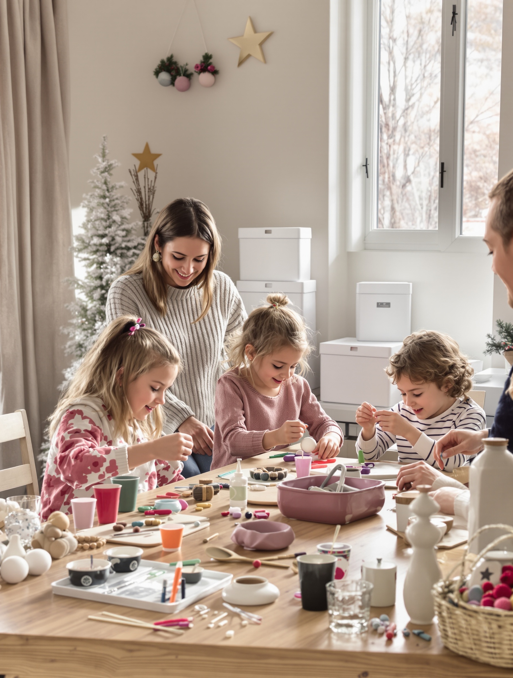 Atelier familial DIY de Noël, ambiance slow living, caisses Ferm Living élégantes à l’arrière-plan.