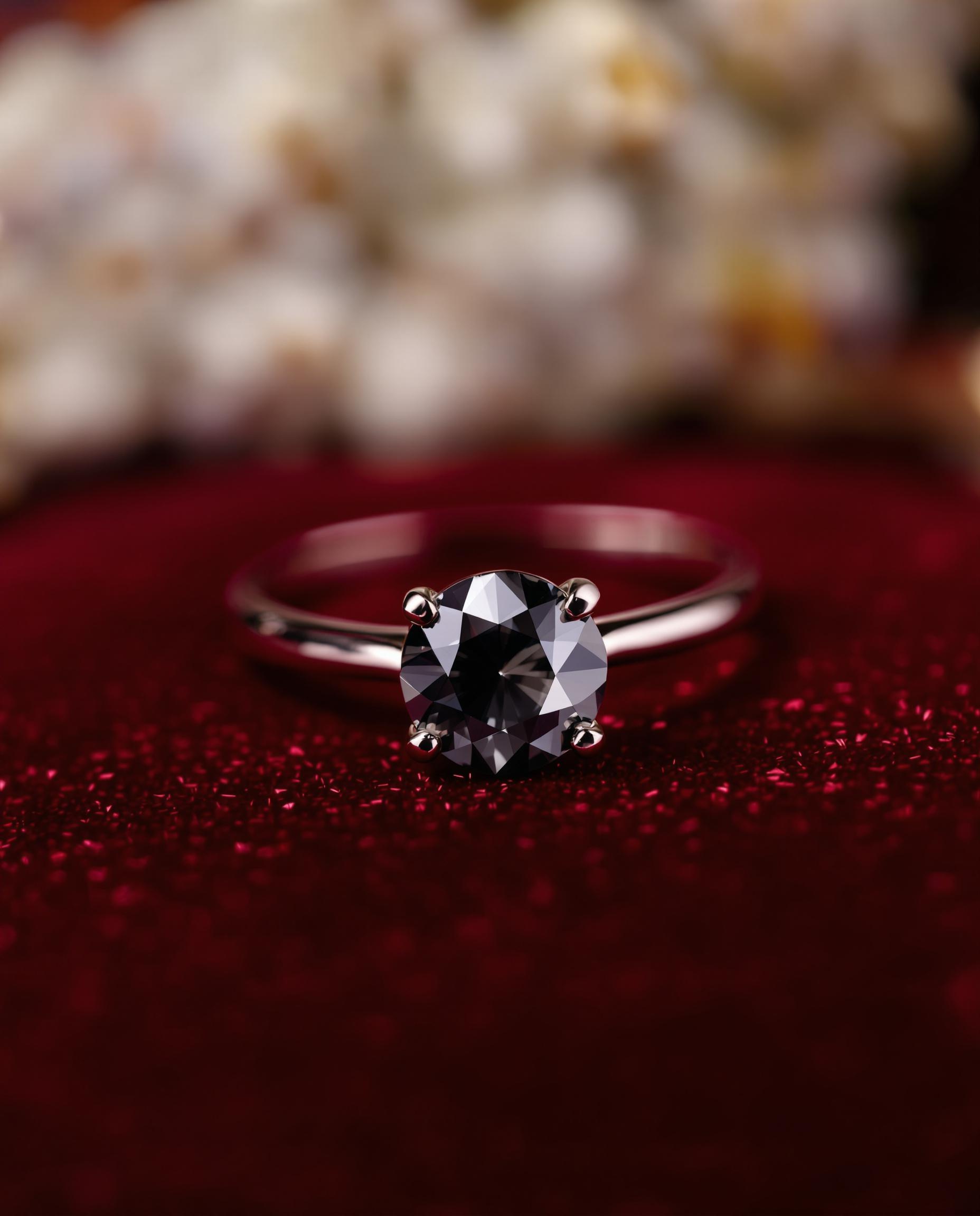 Bague solitaire en diamant noir sur fond de velours rouge, mettant en valeur une monture épurée.