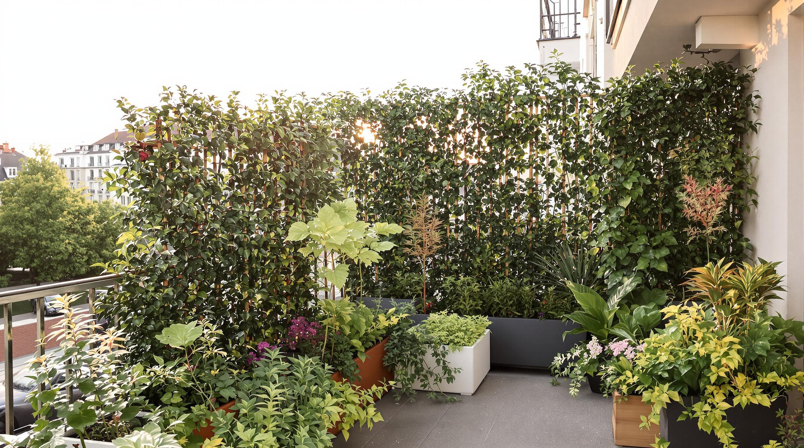 Jardinière design sur un balcon contemporain avec brise-vue végétal, lierre et bambou