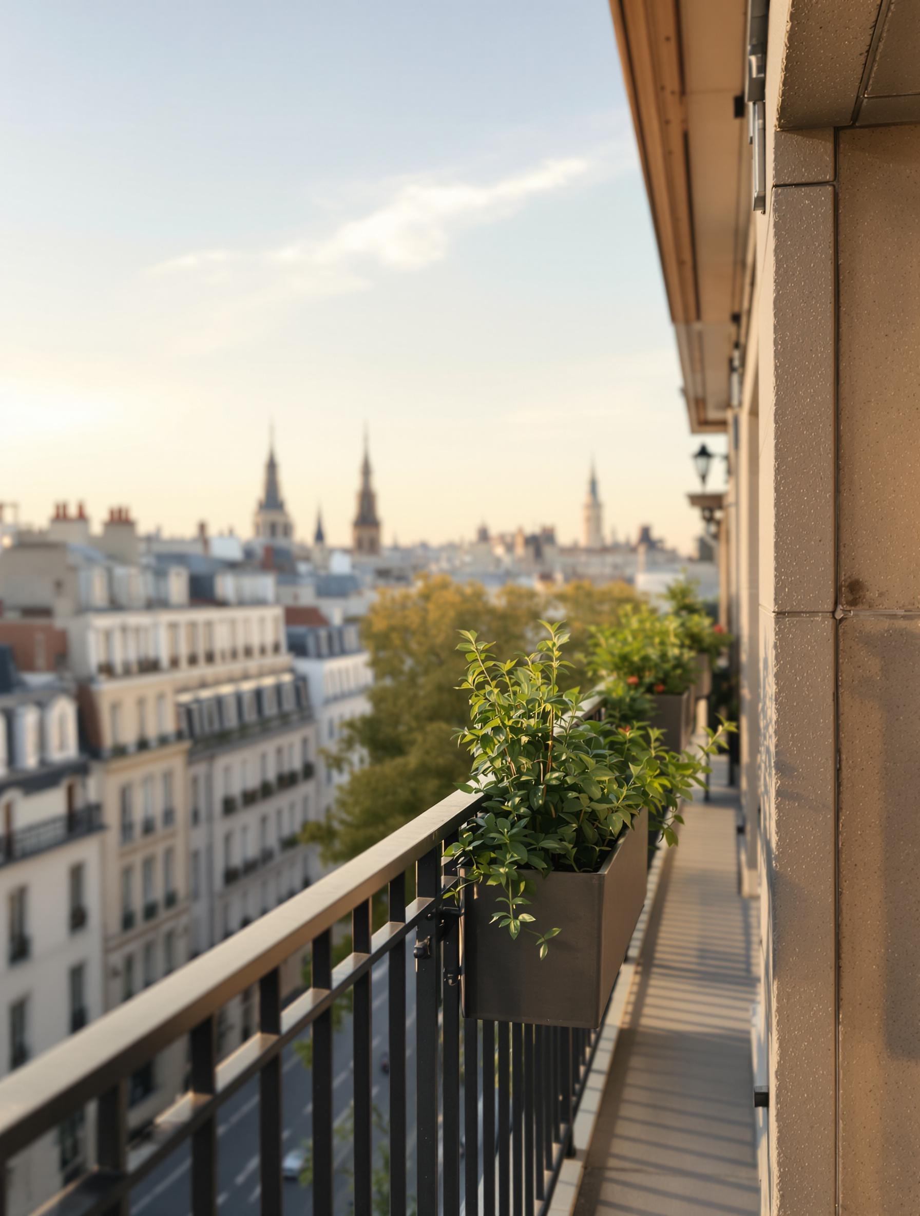 Jardinière suspendue solidement sur un balcon citadin, élégance et détail de fixation à Paris