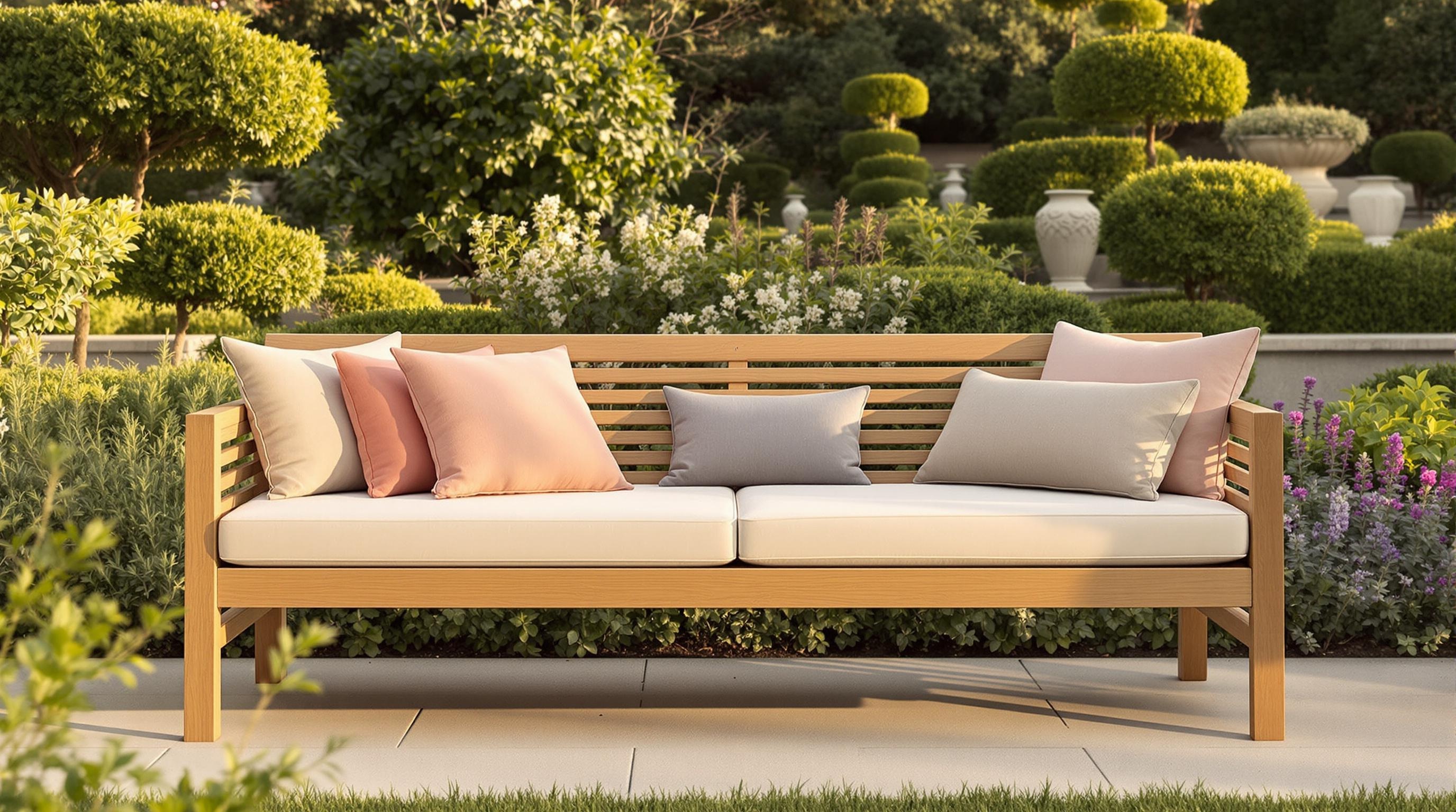 Banquette design extérieure contemporaine en teck avec coussins recyclés dans un jardin élégant