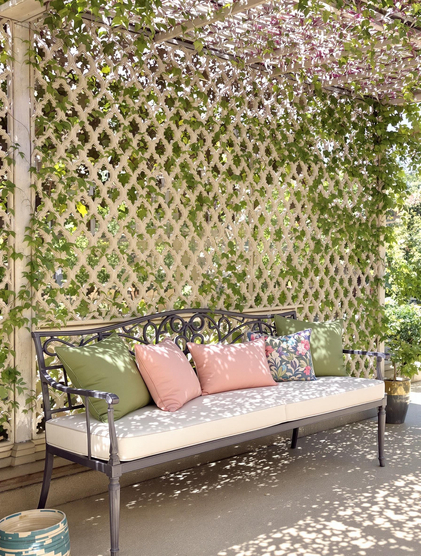 Banquette extérieure mesurée sur une terrasse française avec coussins Pesto et Guimauve