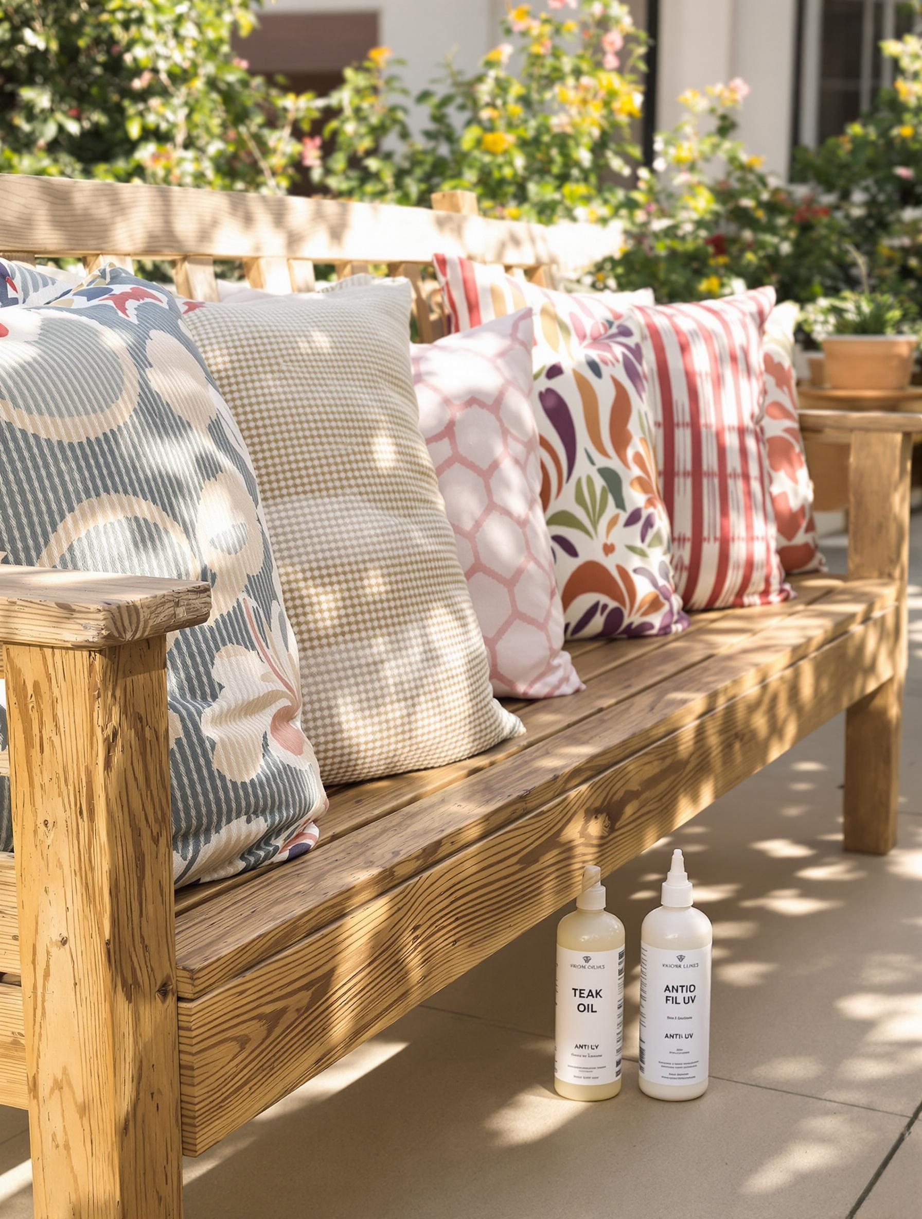 Banquette extérieure sur une terrasse avec des produits d'entretien