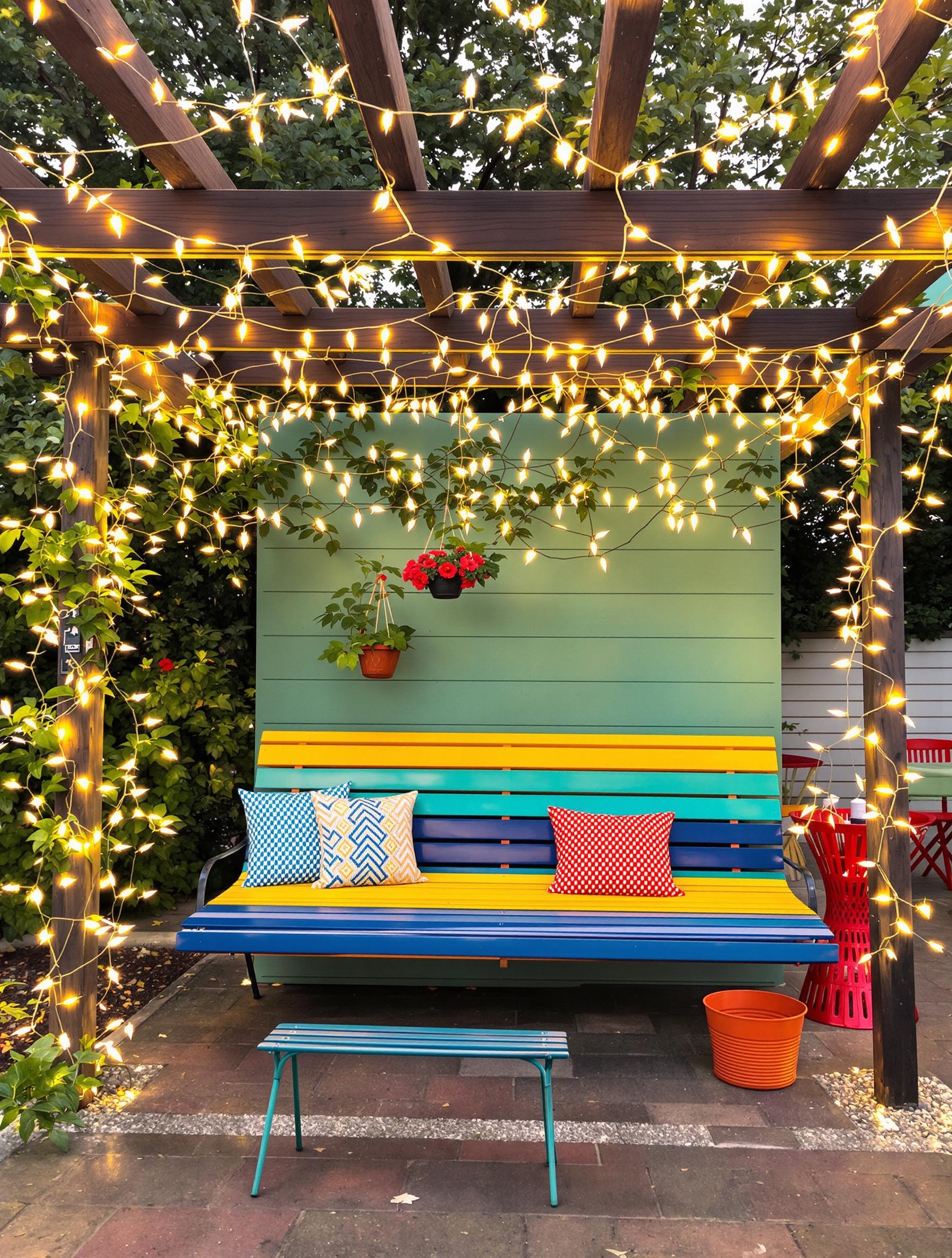 Banquette guinguette colorée Fermob sous une pergola ornée de guirlandes lumineuses