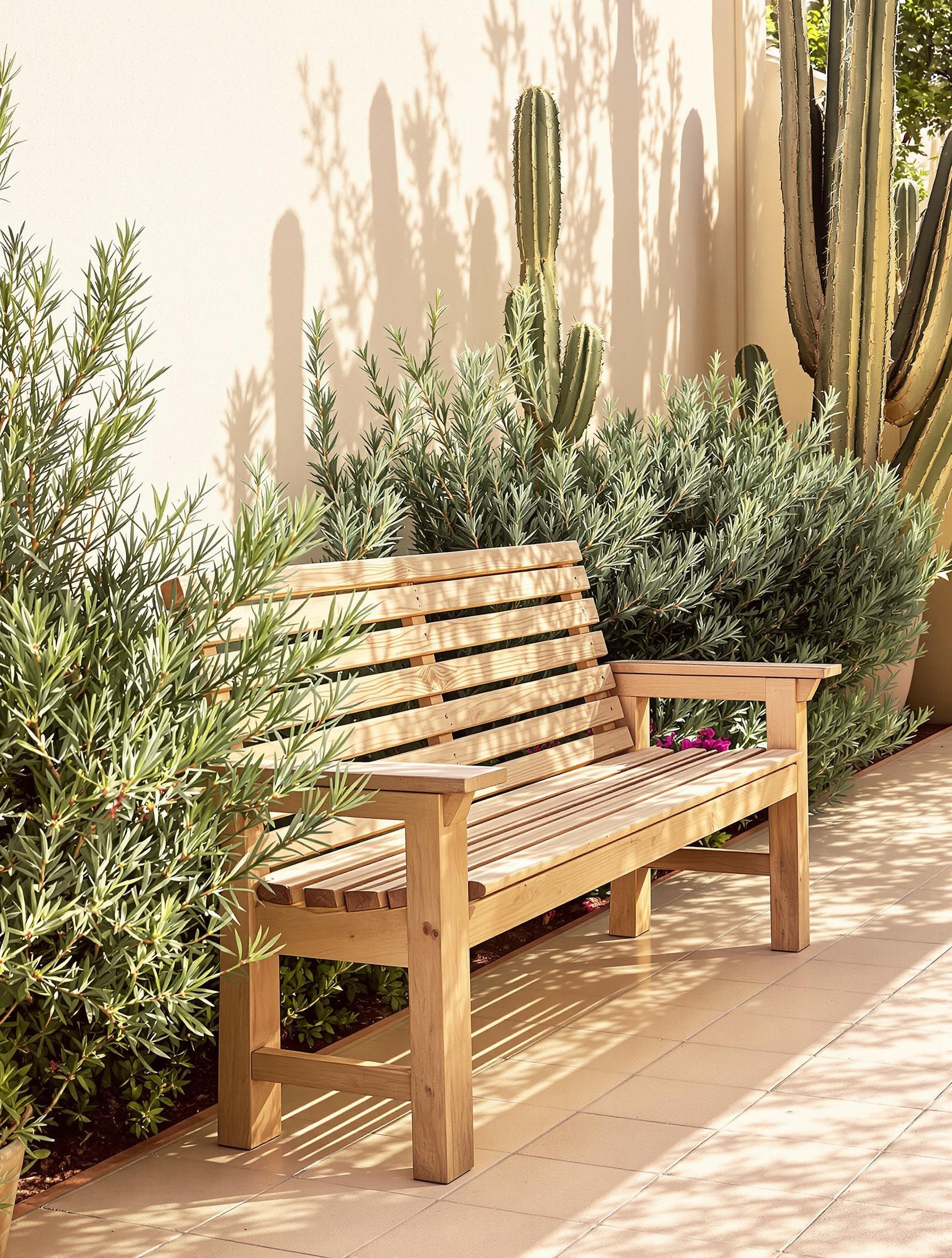 Banquette extérieure en teck patiné sur une terrasse bordée de romarin et de cactus