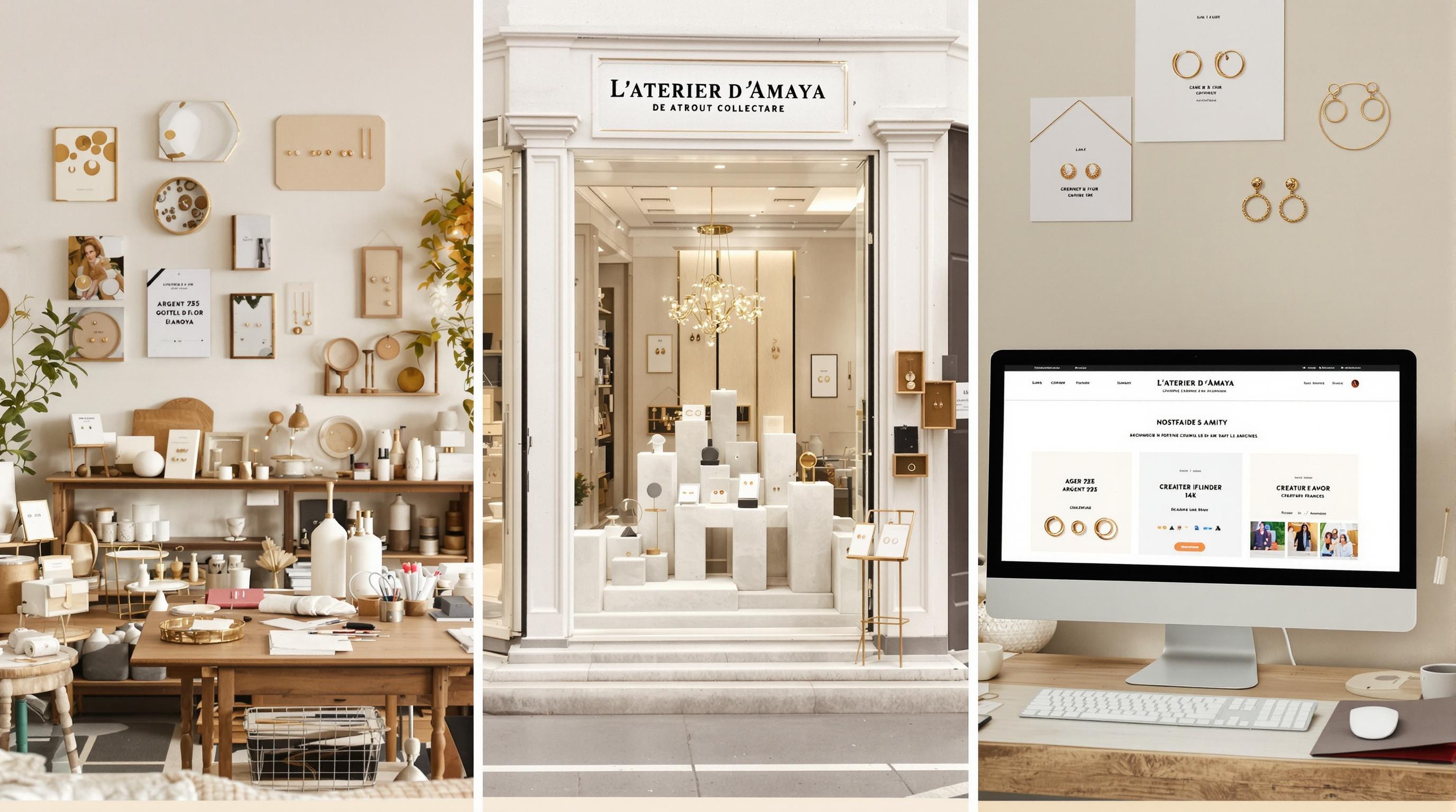 Trois styles de boutiques pour boucles discrètes : atelier français artisanal type L’Atelier d’Amaya, vitrine Histoire d’Or minimaliste, écran marketplace fiches créateurs argent 925 gold filled.