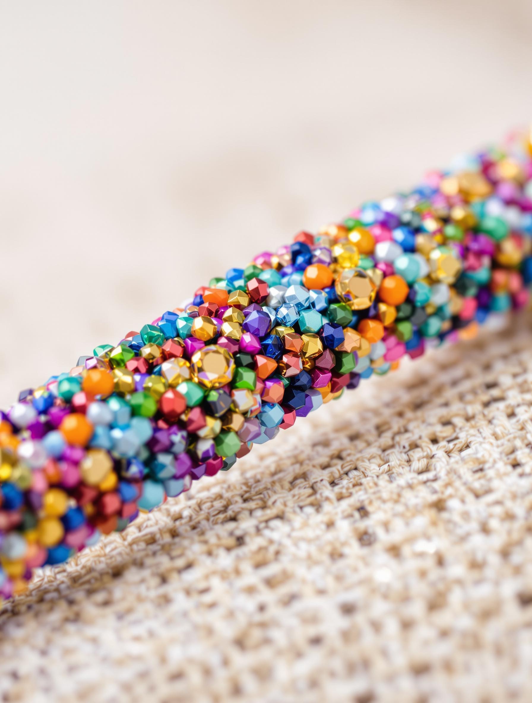 Gros plan sur un bracelet élastique en perles MIYUKI multicolores, mettant en valeur le tissage et la brillance.