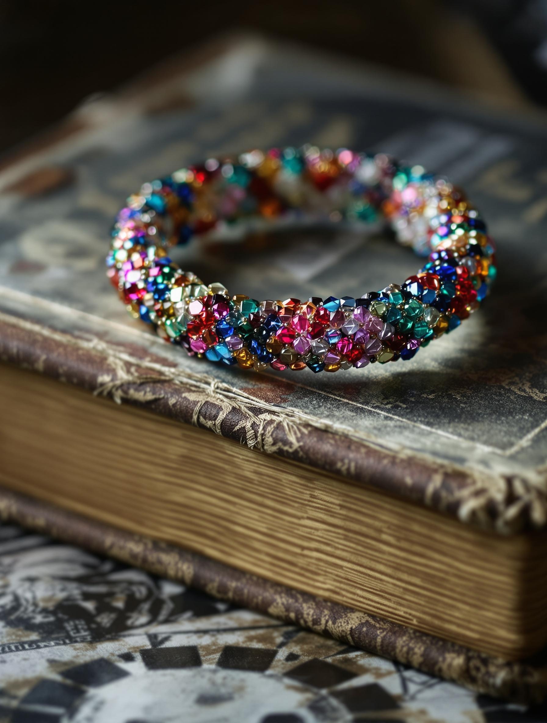 Bracelet en perles multicolores pour femme posé sur un livre ancien.
