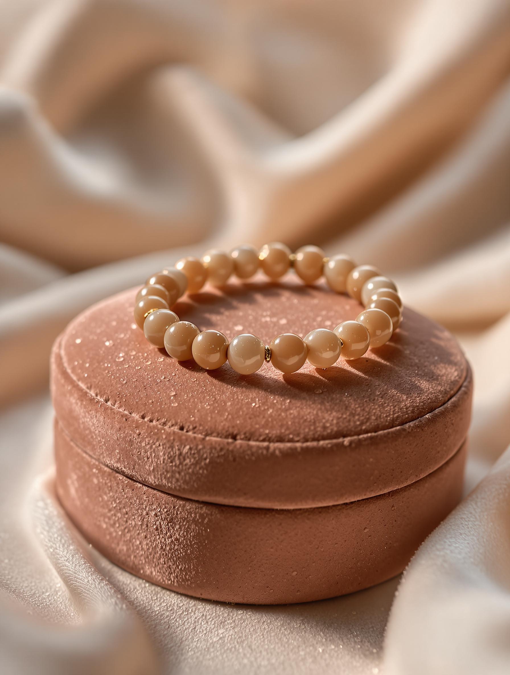 Bracelet en perles posé sur un écrin en velours, illustrant l'entretien et la conservation