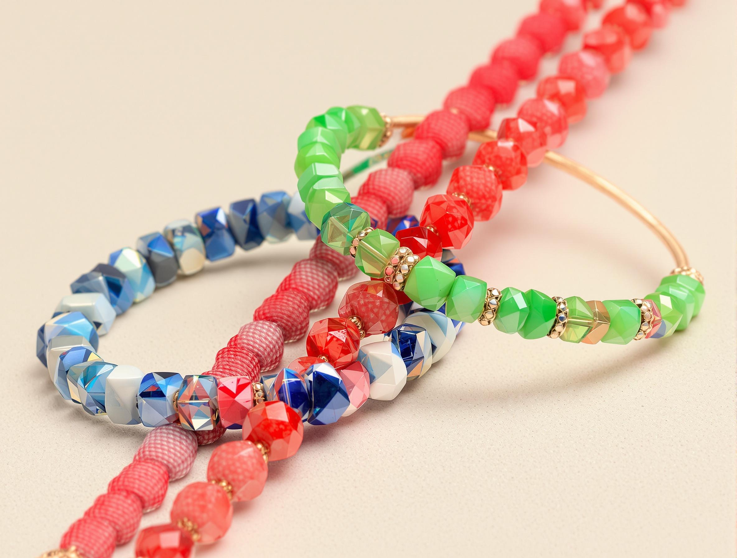 Exemples de bracelets en perles multicolores illustrant harmonie et contraste des couleurs.