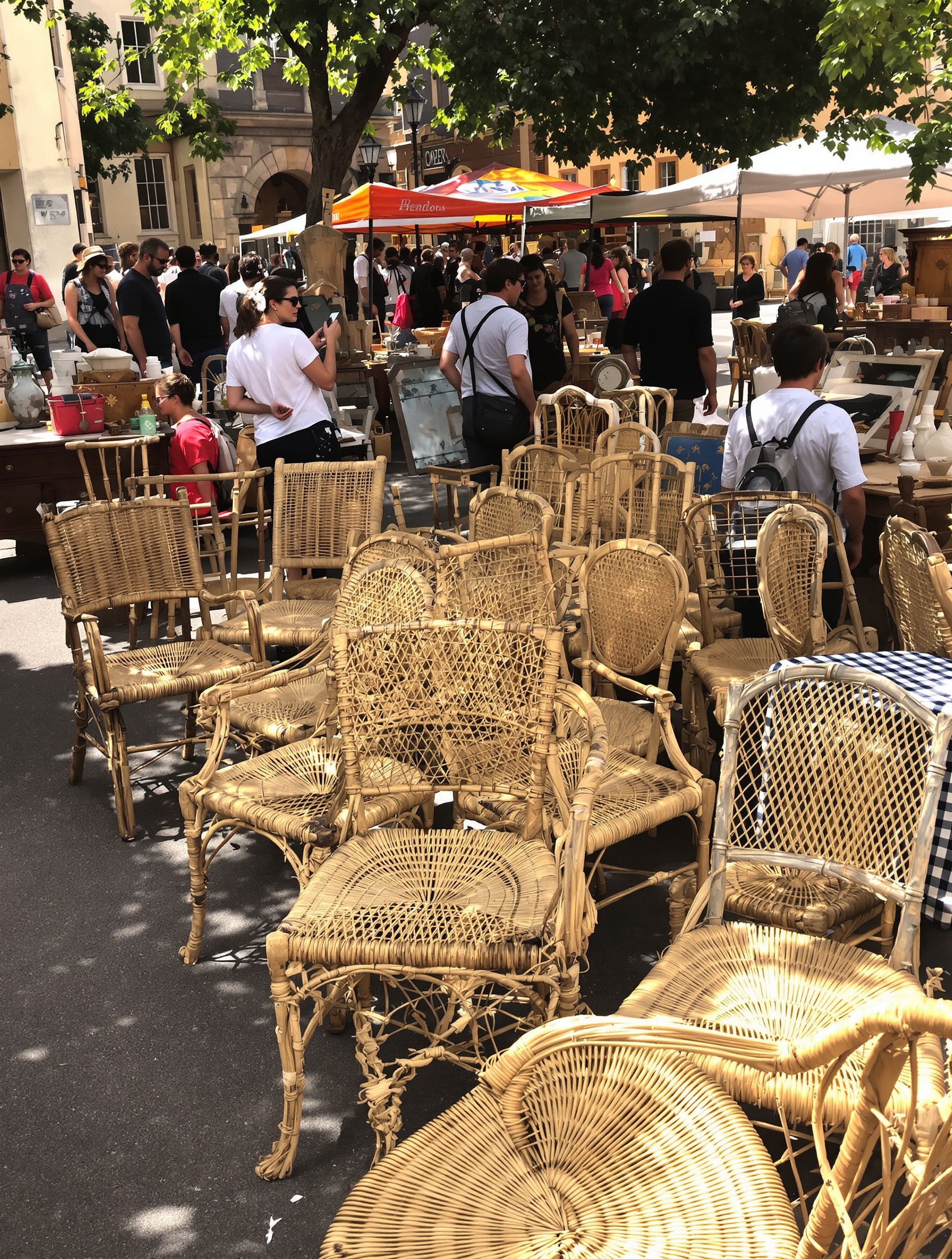 Brocante animée avec chaises en paille anciennes et acheteurs scrutant la patine