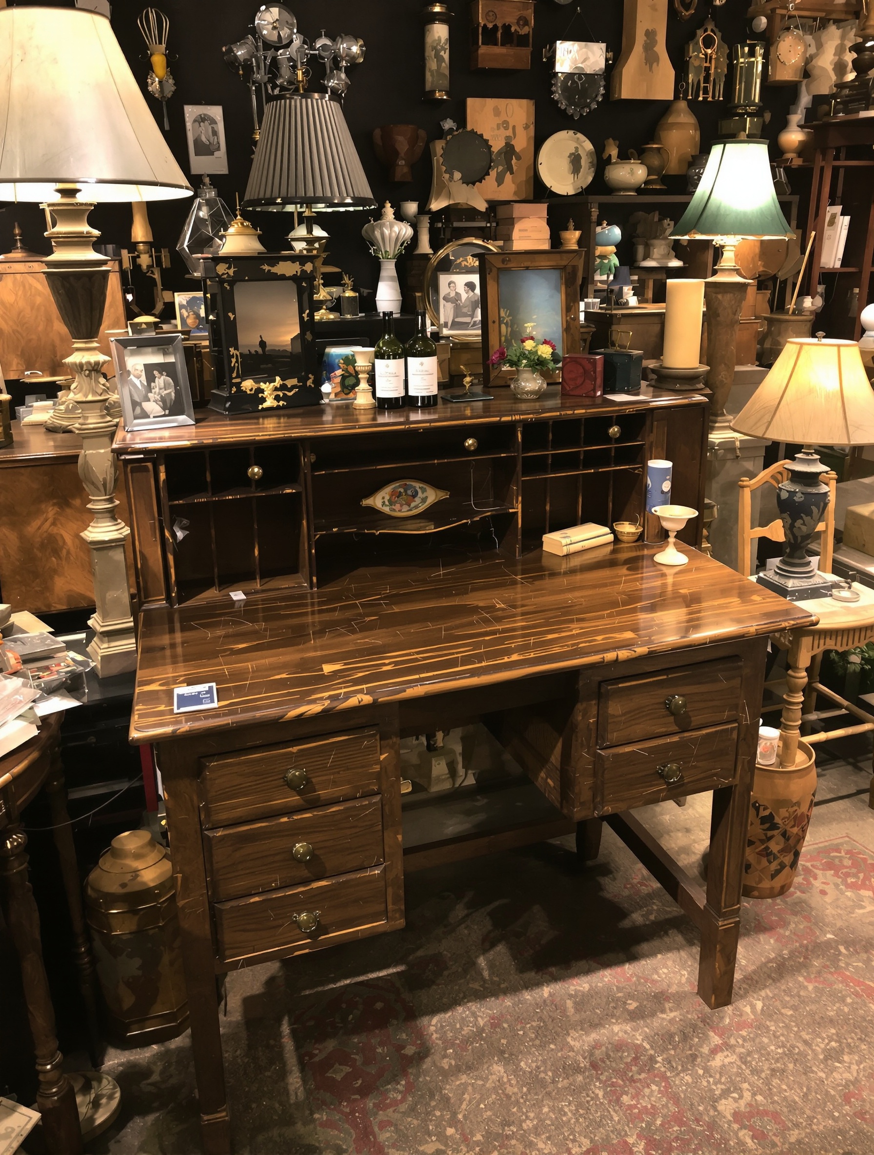 Un bureau d'écolier en bois ancien à une place dans une brocante feutrée