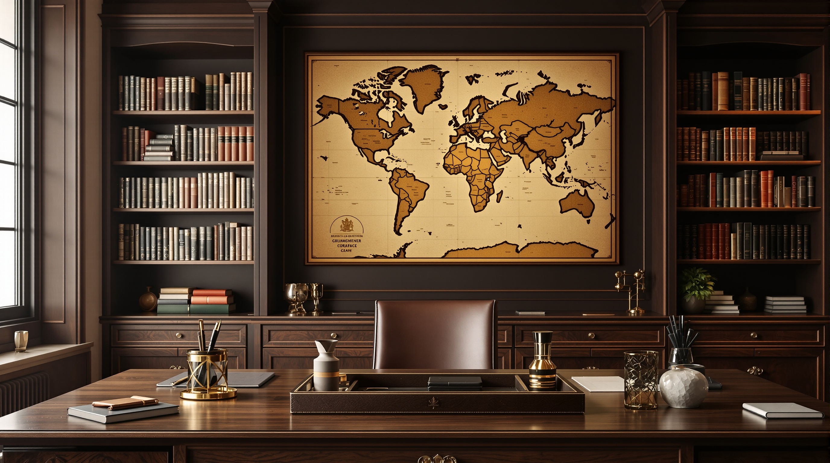 Bureau raffiné avec mur marron foncé et bibliothèque bois sombre, carte ancienne sepia et accessoires cuir.