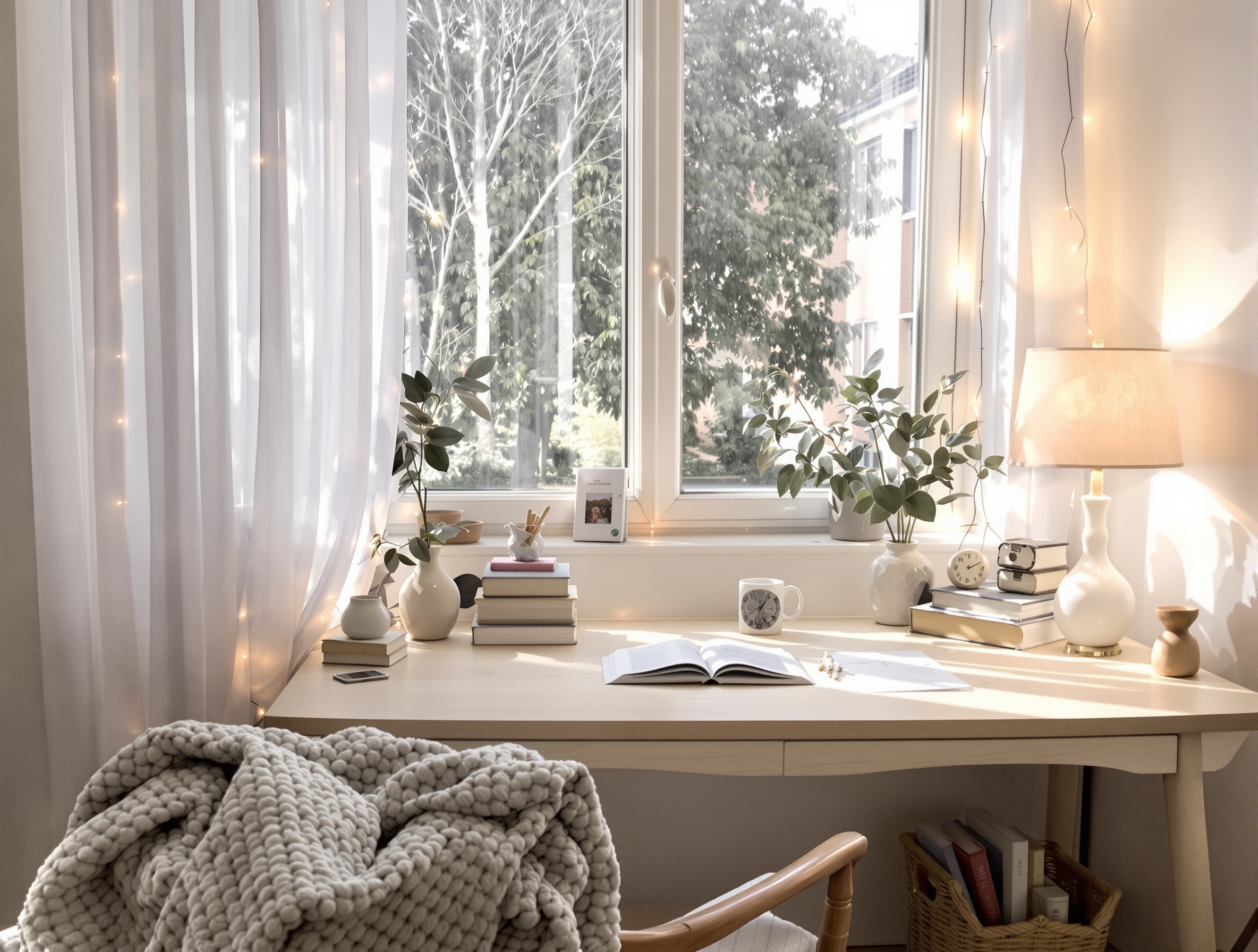 Bureau hygge sous une fenêtre, rideaux fins, ambiance tamisée.