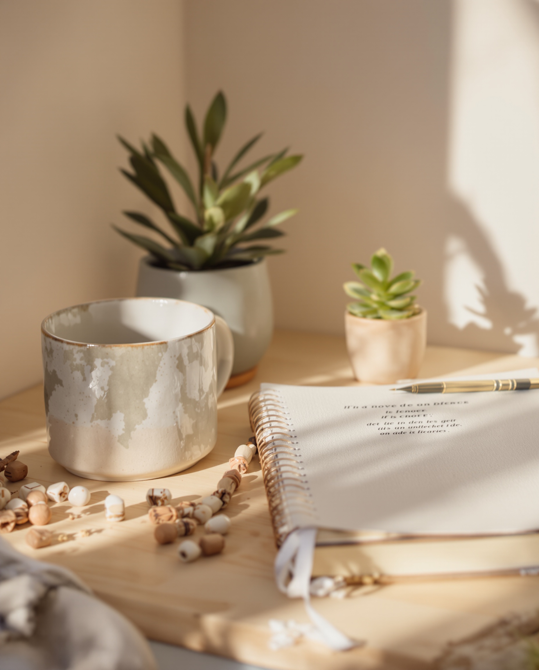 Coin de bureau hygge authentique avec tasse artisanale, carnet usé, petite plante unique.