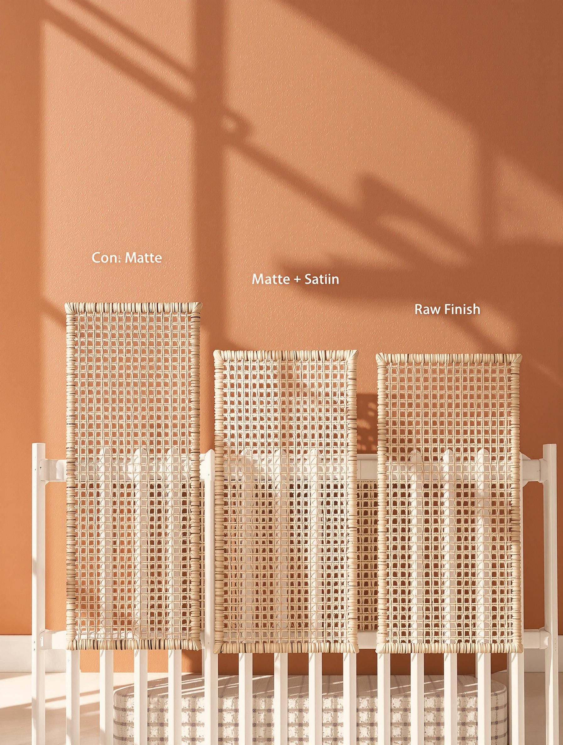 Cache radiateur cannage finitions mat satiné brut sur fond terracotta.