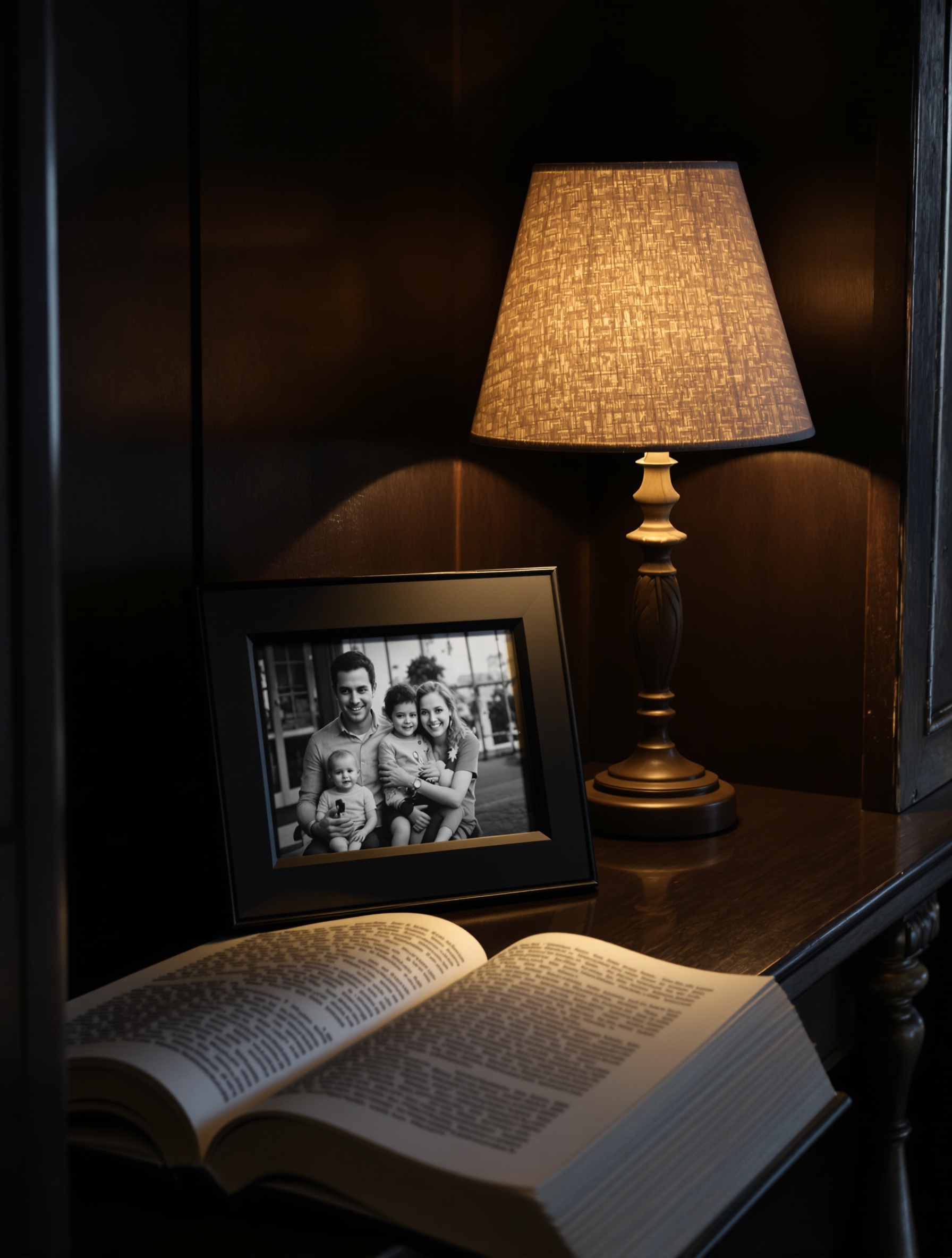 Cadre photo numérique posé sur une étagère en bois sombre, affichant une photographie de famille en noir et blanc. Ambiance mémoire et élégance discrète.