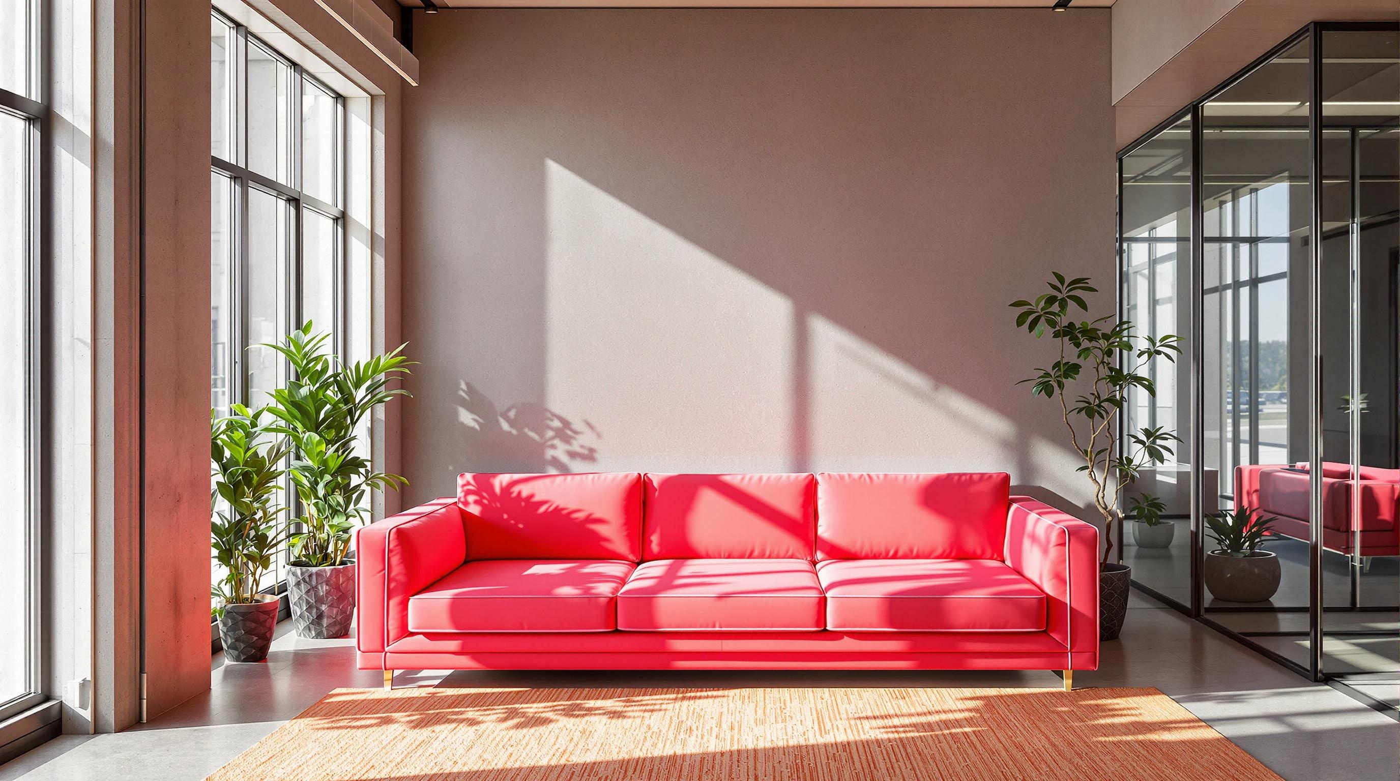 Canapé fluo saumon dans un loft urbain avec éclairage naturel