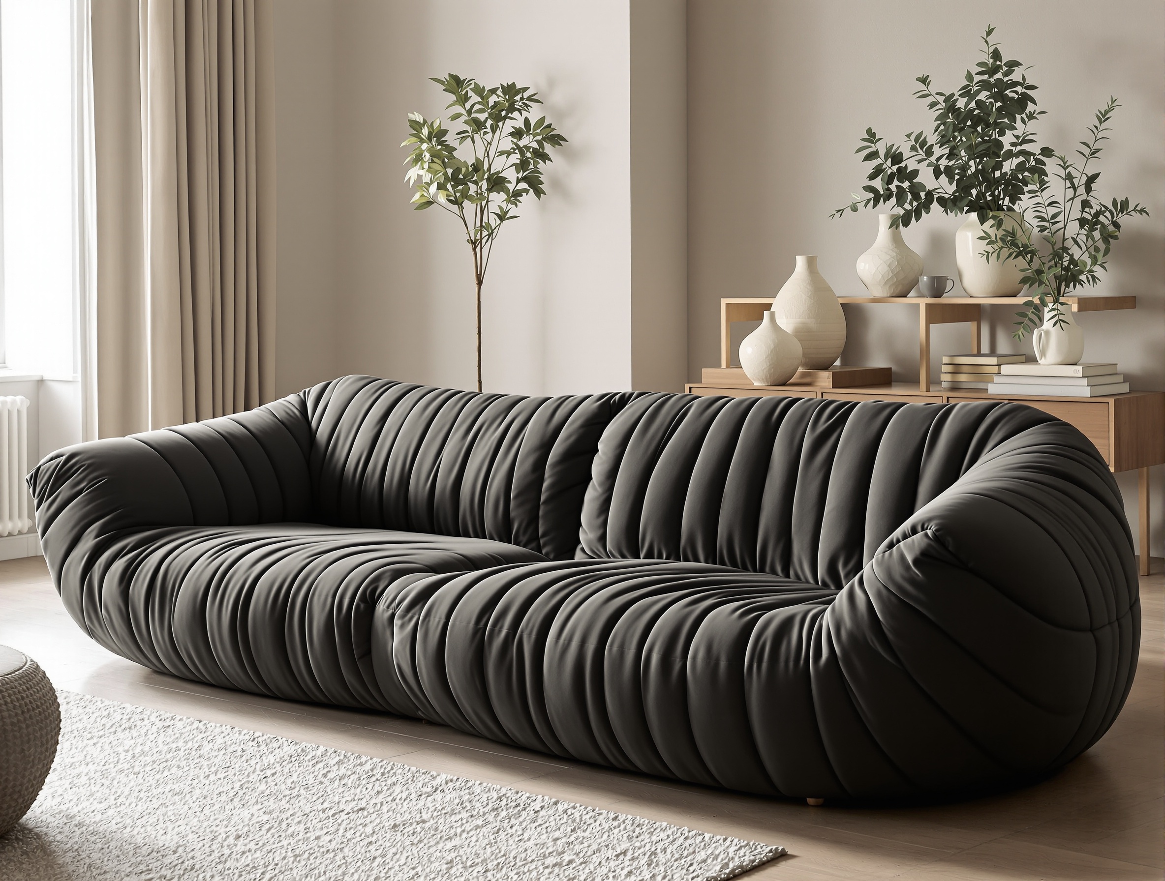 Canapé Togo Ligne Roset vu de biais, coussins plissés, silhouette basse, ambiance cosy.