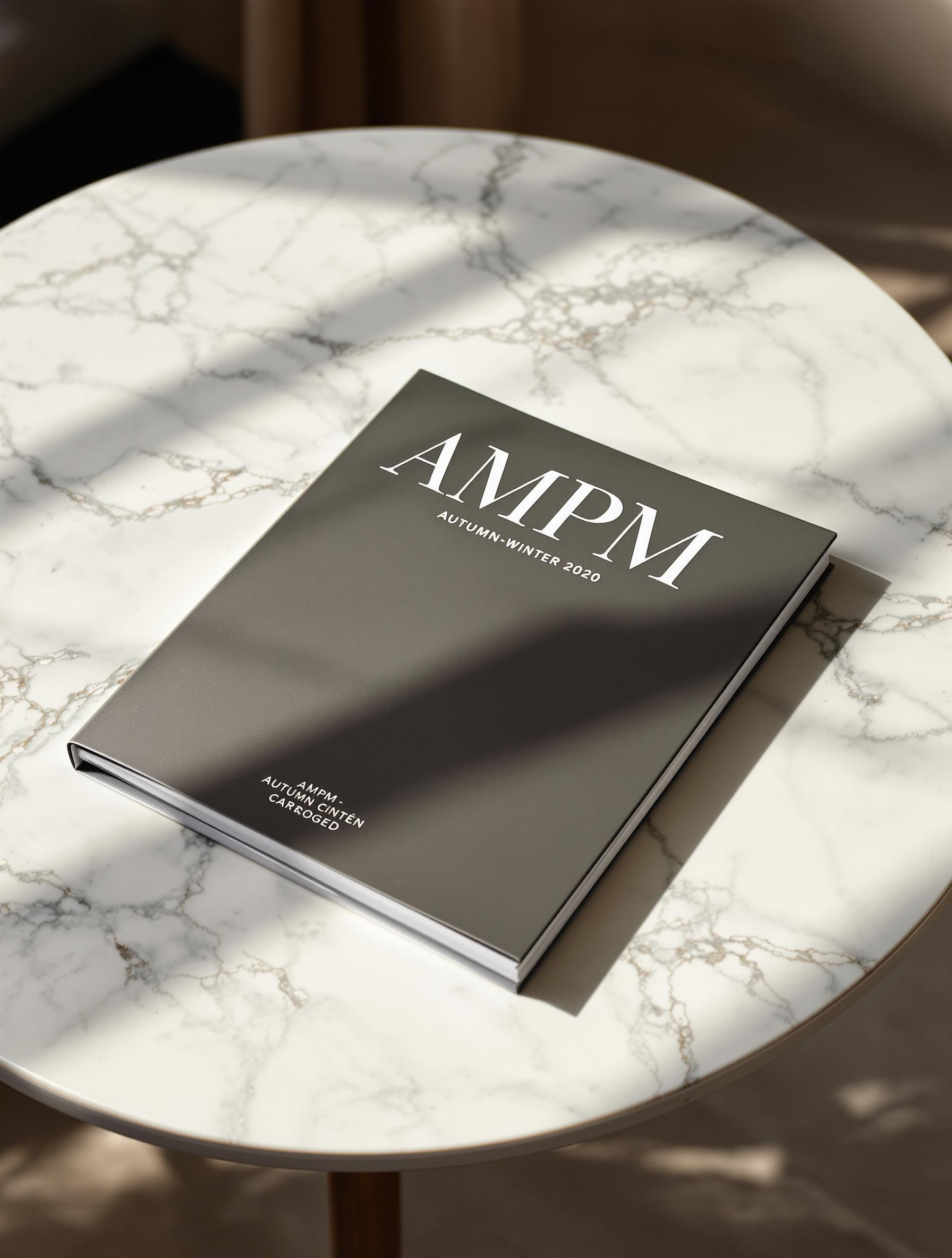 Vue rapprochée de la couverture AMPM Automne-Hiver 2020 posée sur une table en marbre veiné, lumière rasante du matin