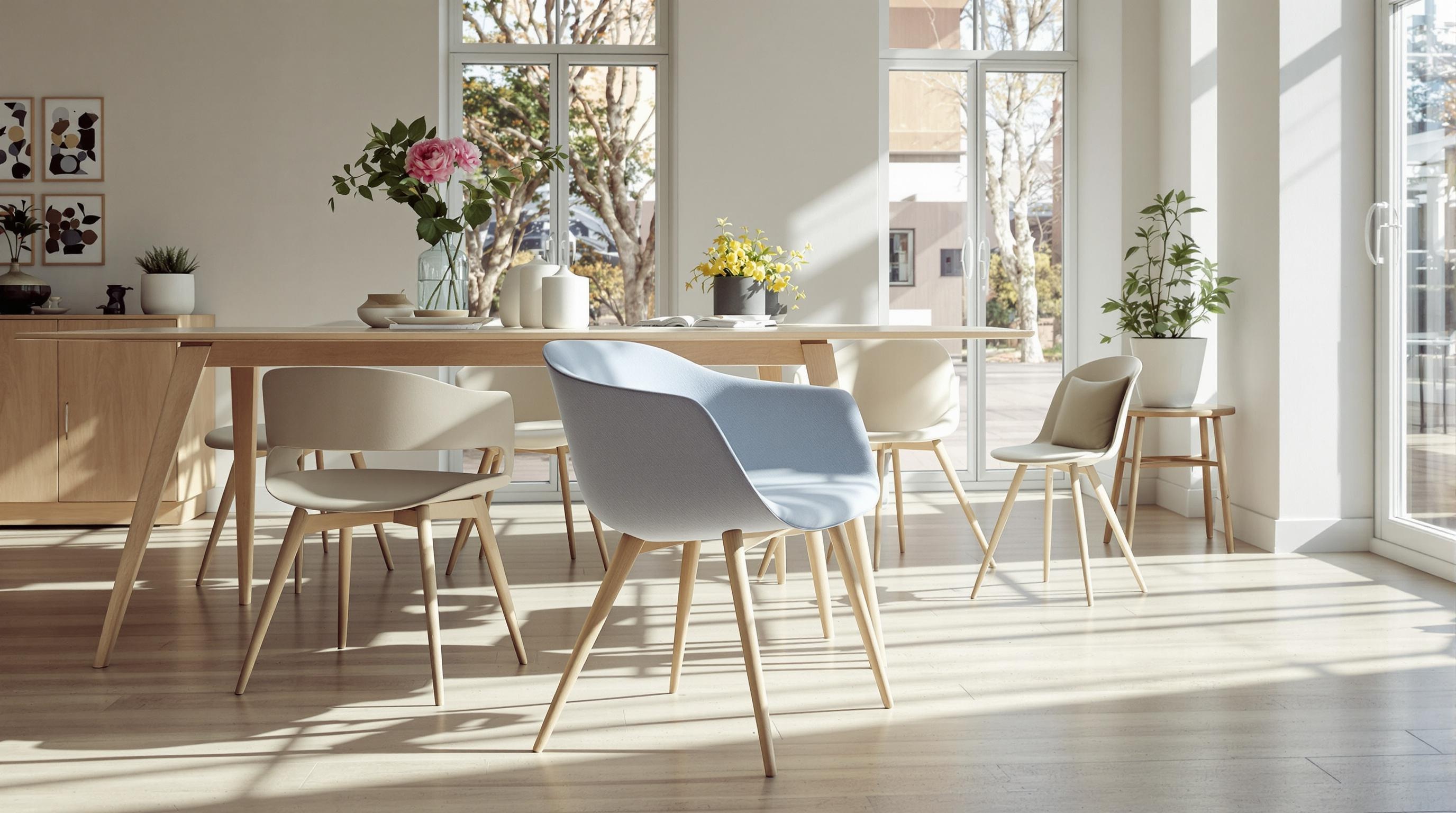 Chaise design scandinave colorée bleu pastel piètement bois clair salle à manger nordique