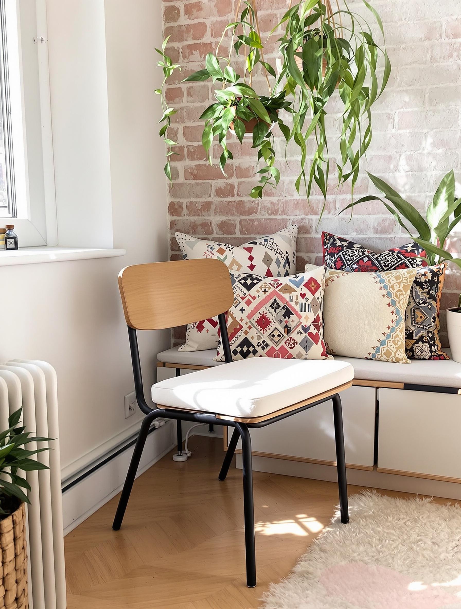 Chaise d’écolier ergonomique intégrée dans un décor mixte scandinave, industriel et bohème