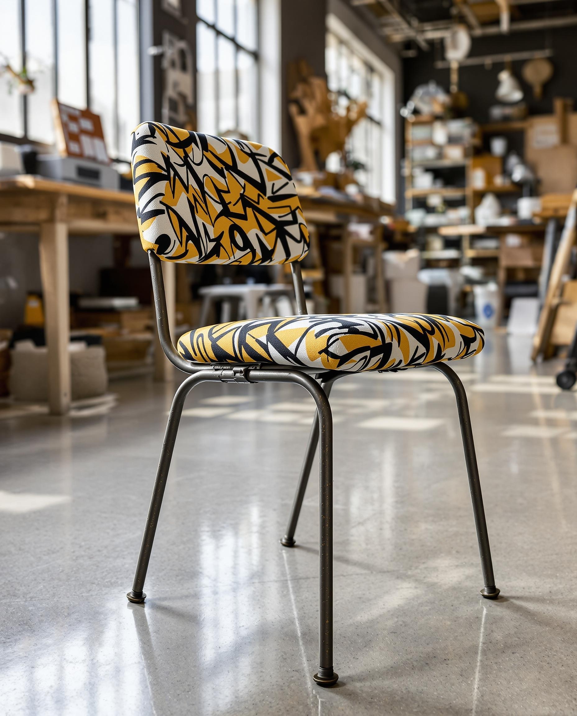 Chaise d’écolier vintage avec une assise en tissu graphique contemporain