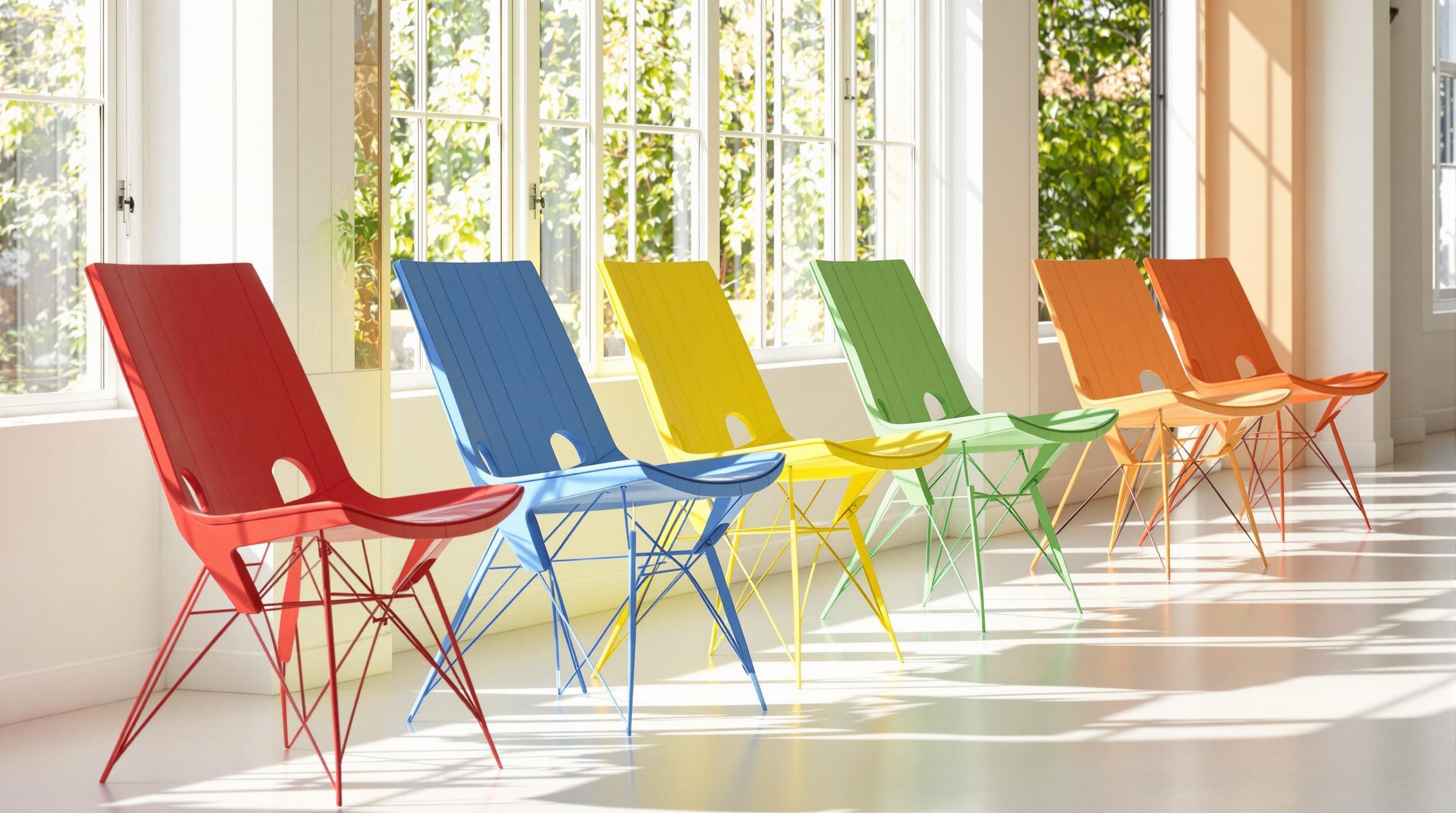Chaises design colorées fabriquées en France dans un intérieur lumineux