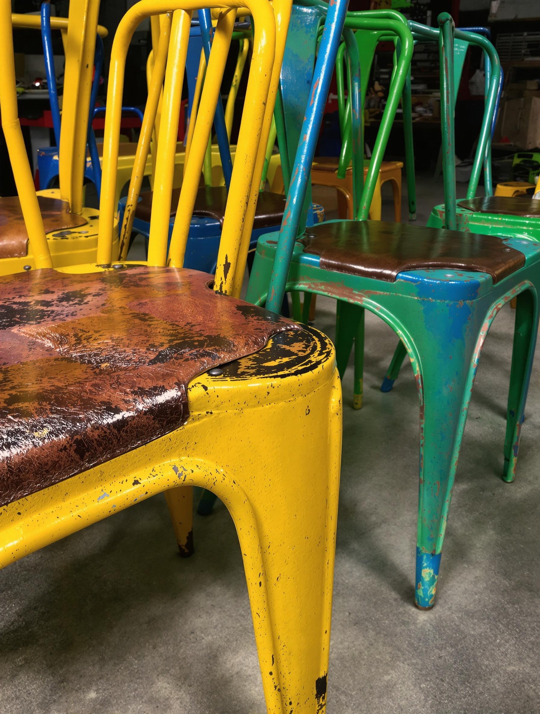 Chaises industrielles colorées métal peint cuir patiné jointures visibles atelier urbain