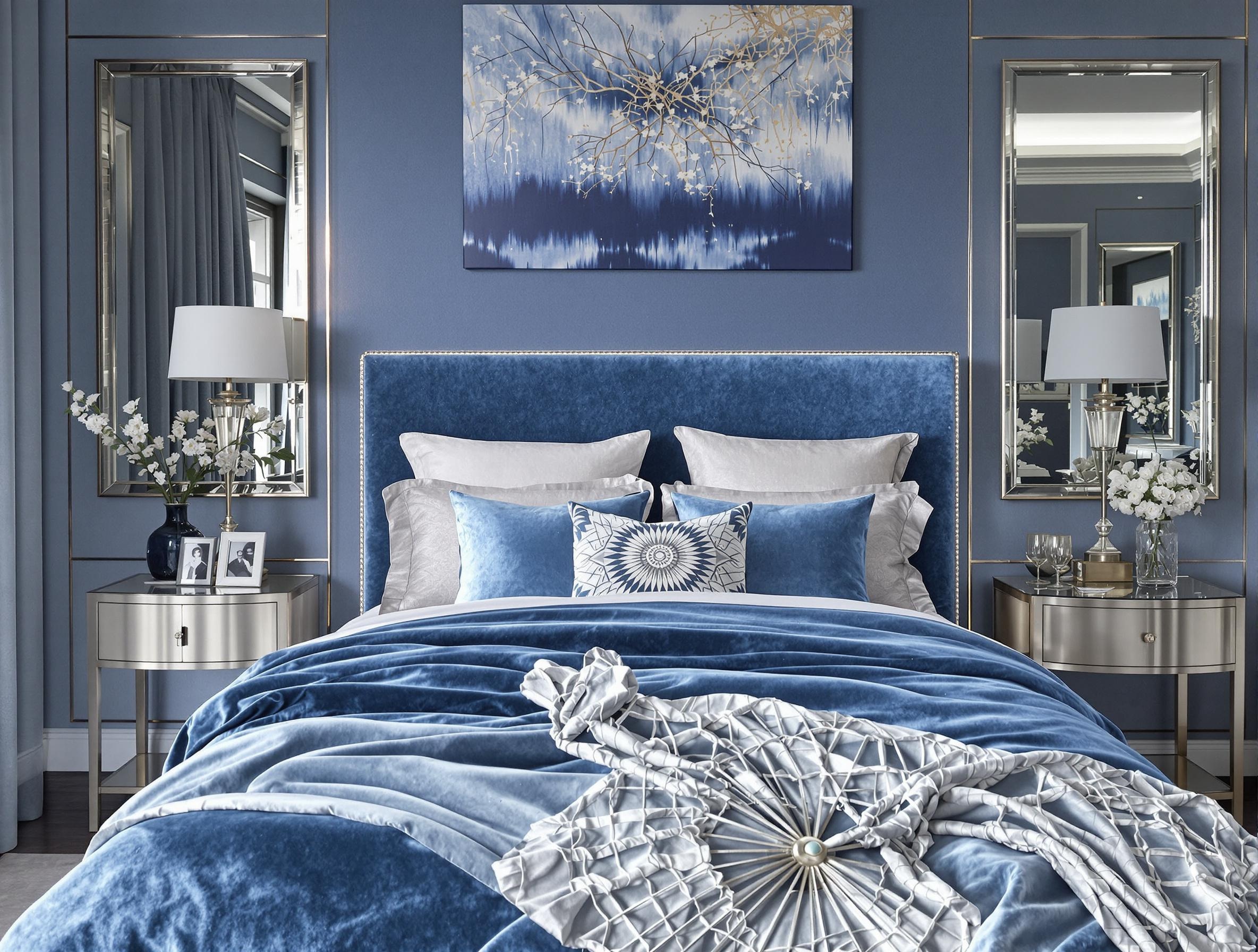 Chambre à coucher élégante dominée par des nuances de bleu Majorelle