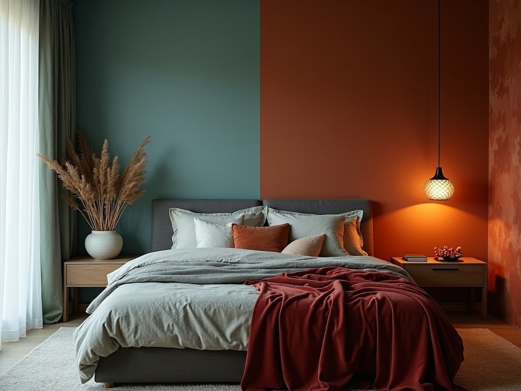 Chambre paisible palette froide (bleu gris, vert de gris) côté repos et terracotta profond côté passion.