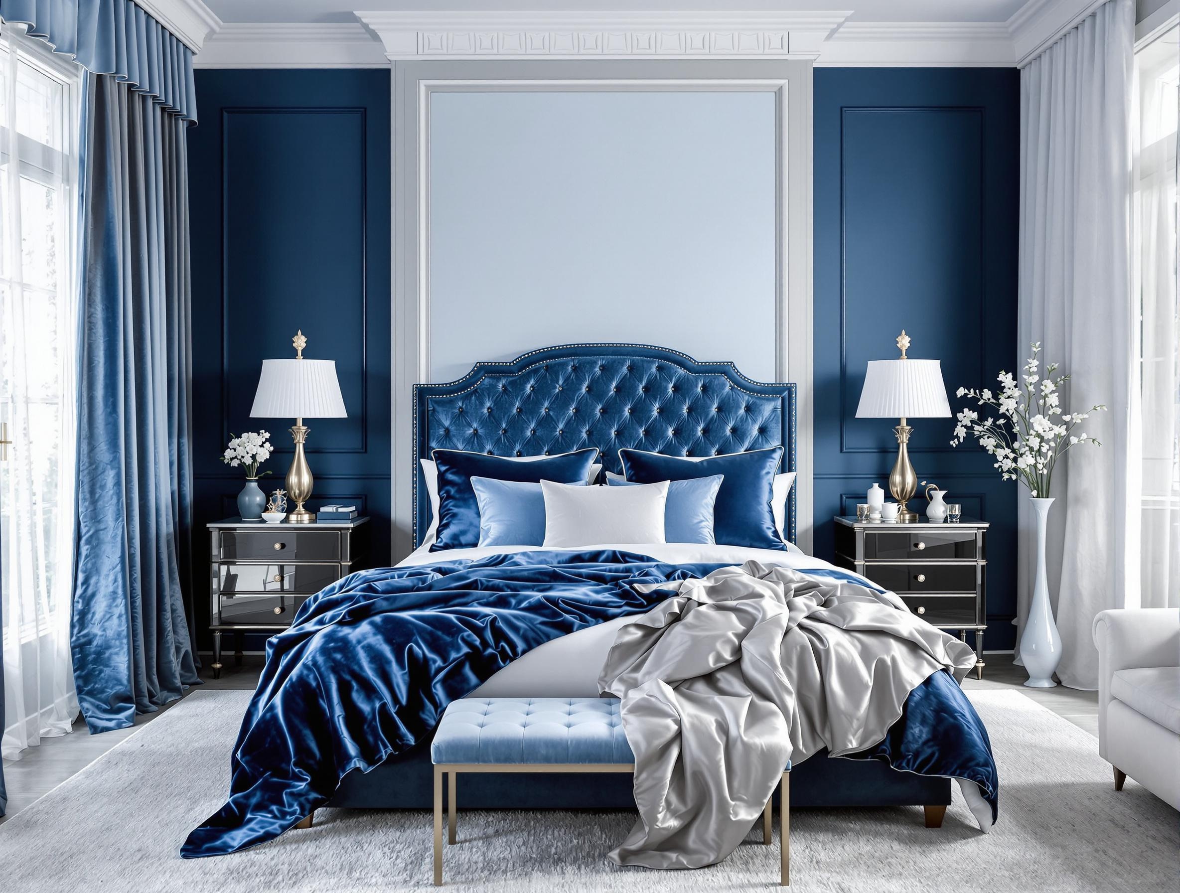 Chambre élégante avec camaïeu de bleus, velours, lin et satin.