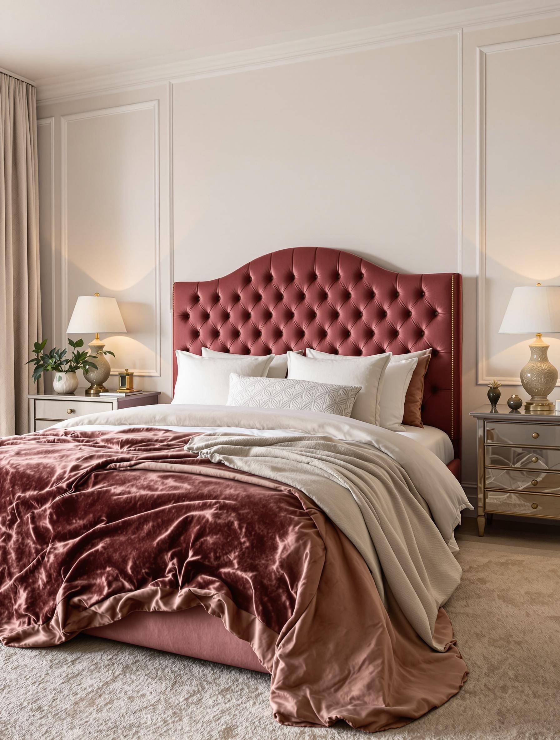 Chambre élégante tête de lit capitonnée Marsala linge velours lin