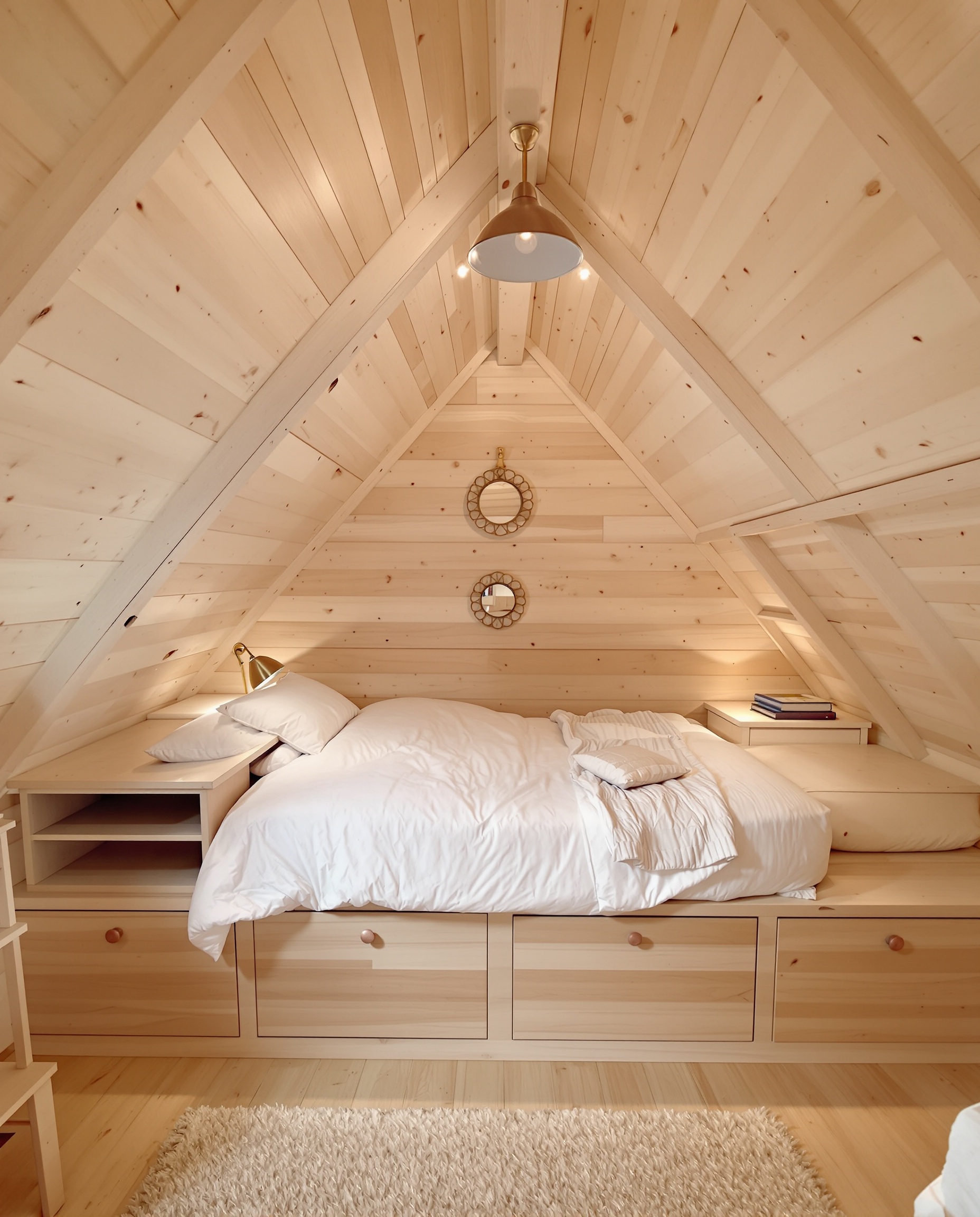 chambre sous pente mezzanine cabane bois avec lit bas, poutres apparentes et rangements sur mesure