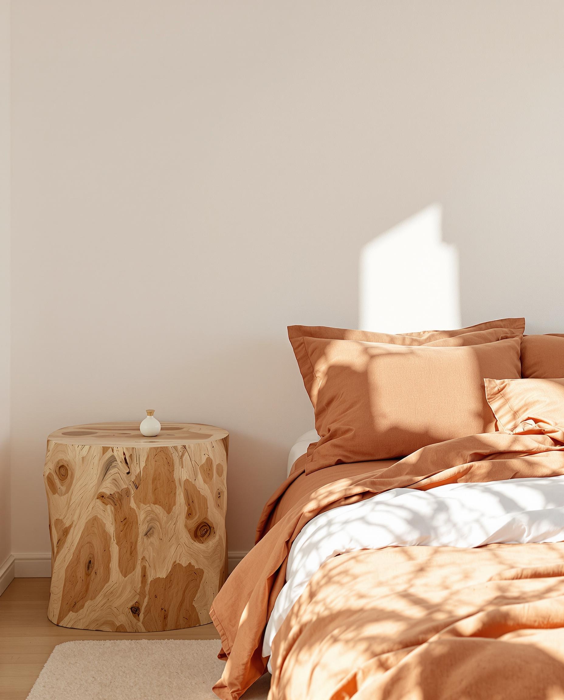 Chambre minimaliste avec lin lavé couleur braise, style IN BED Store.